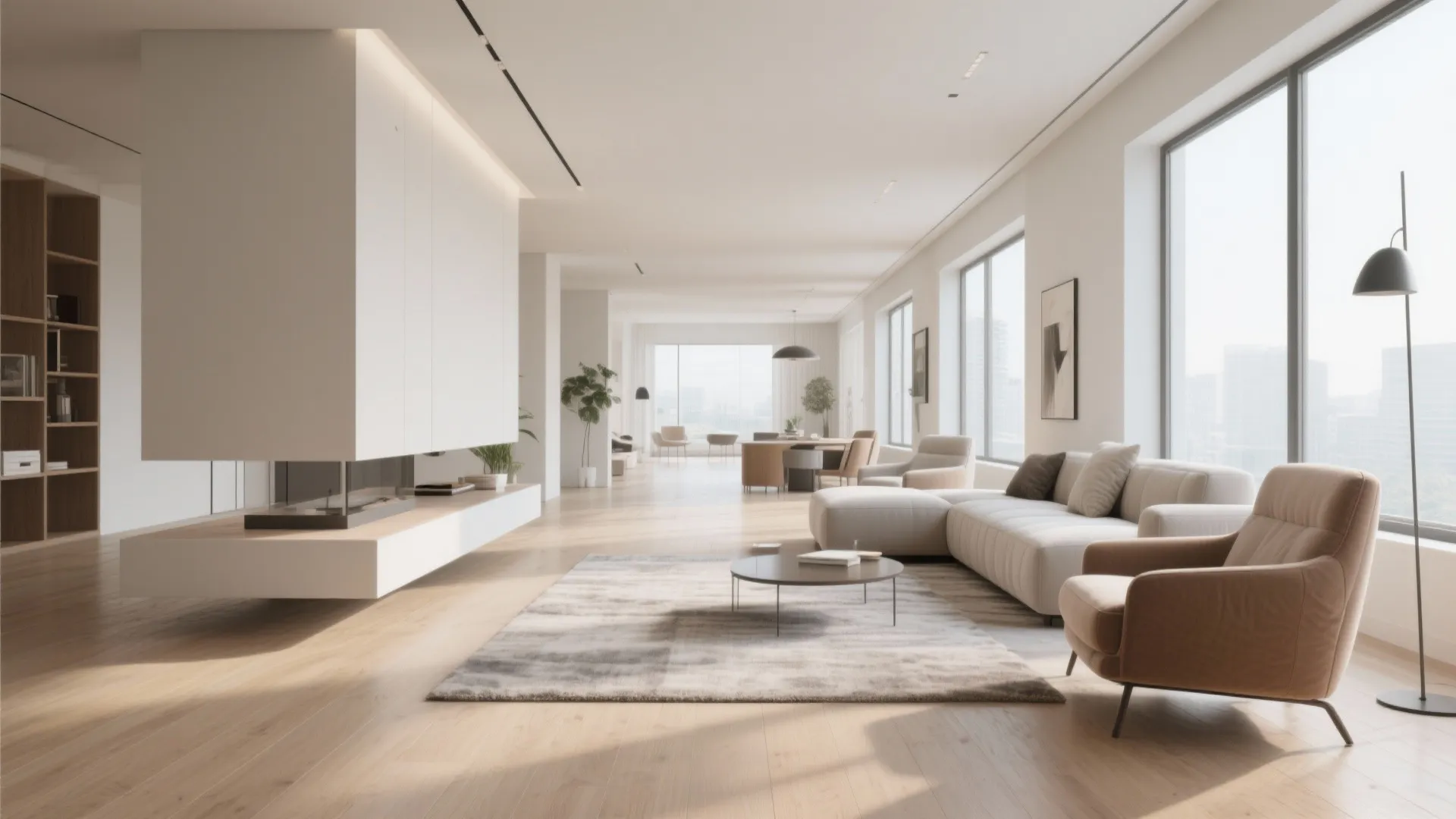 Minimalist living room with white walls wood floor grey sofa tan armchair and large windows