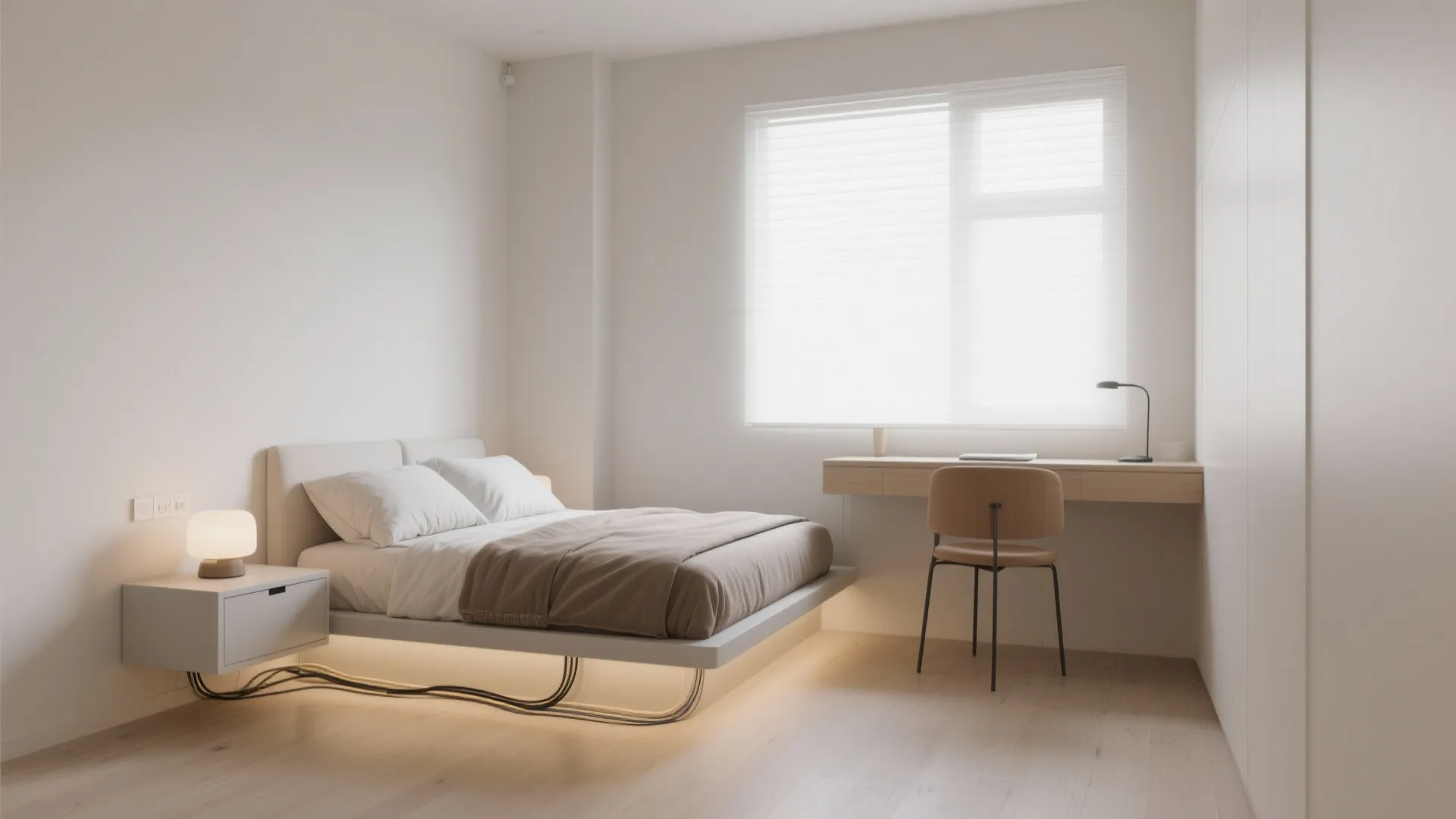 Minimalist white bedroom featuring a floating bed with under-bed lighting and a long wooden desk