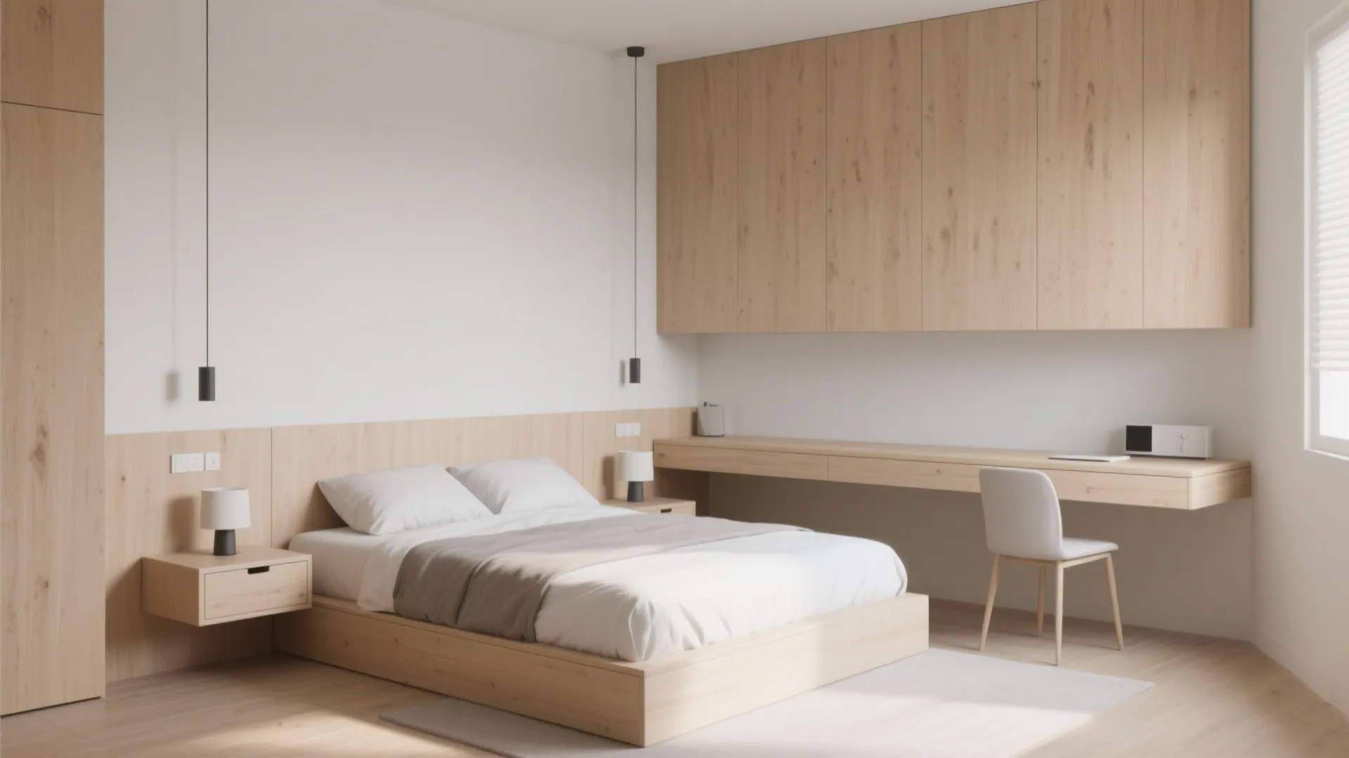 Minimalist bedroom with light wood bed, integrated desk, wall cabinets, white chair, and small lamps