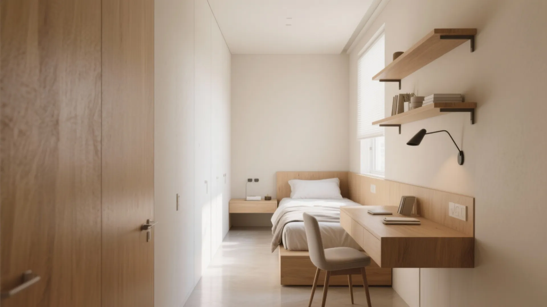Narrow minimalist bedroom with floating wooden desk wall shelves single bed and white wardrobe storage