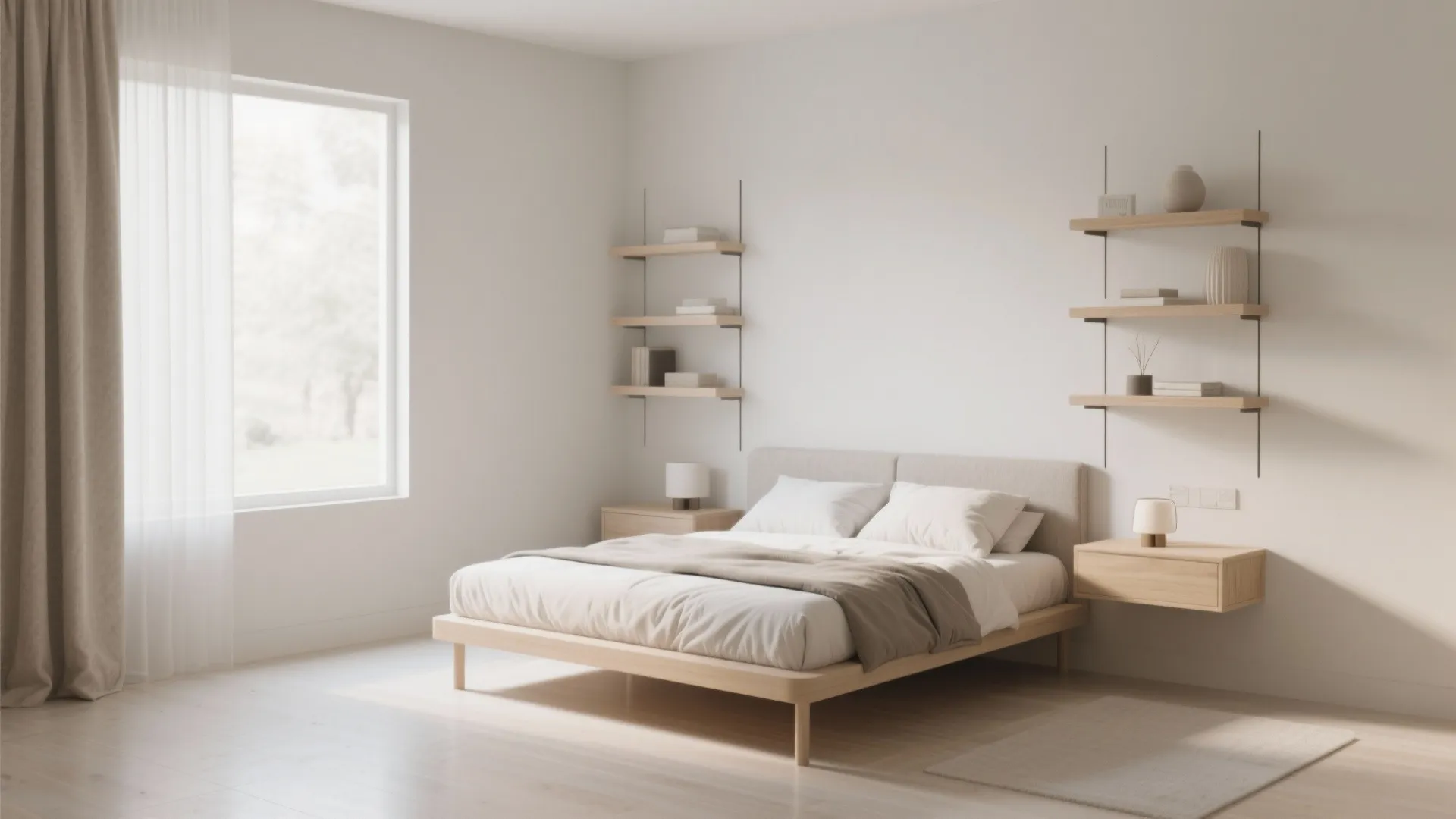 Bedroom with floating nightstands and shelving to save space