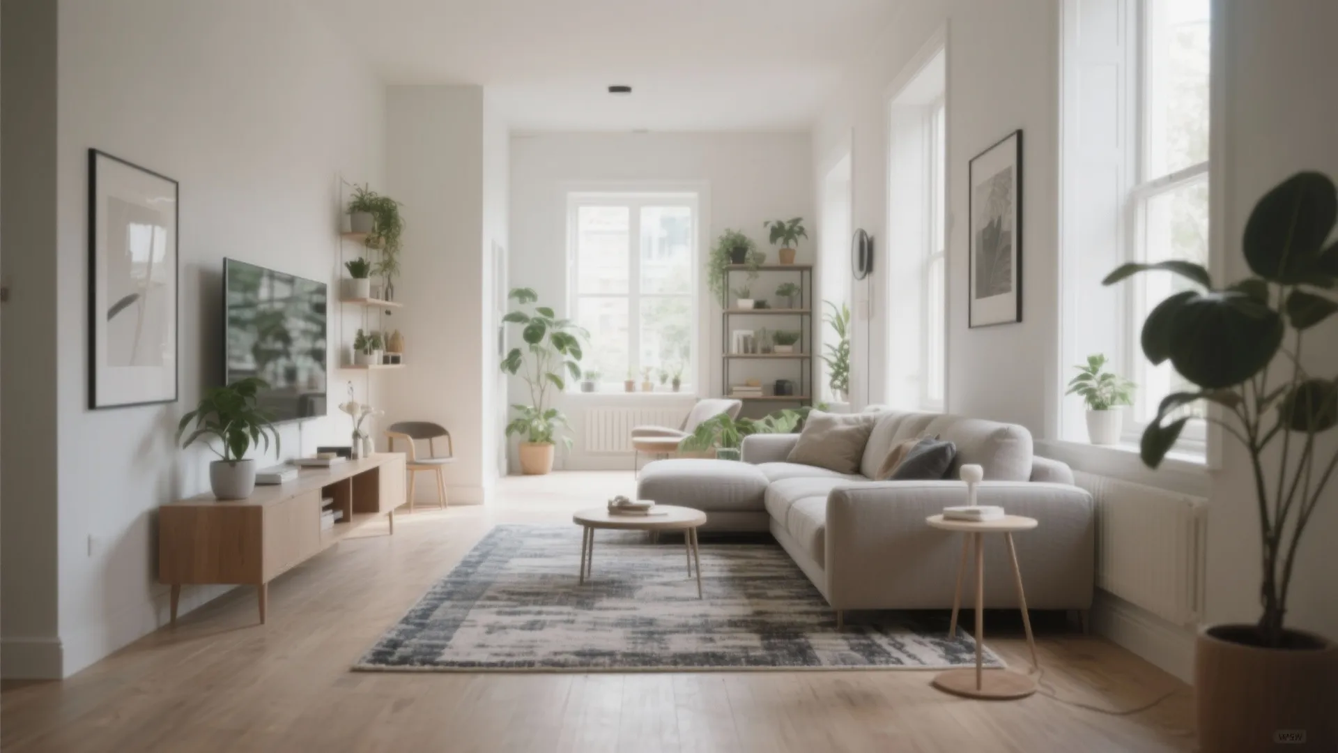 Modern bright living room with grey sofa patterned rug wooden floor several green plants and tv