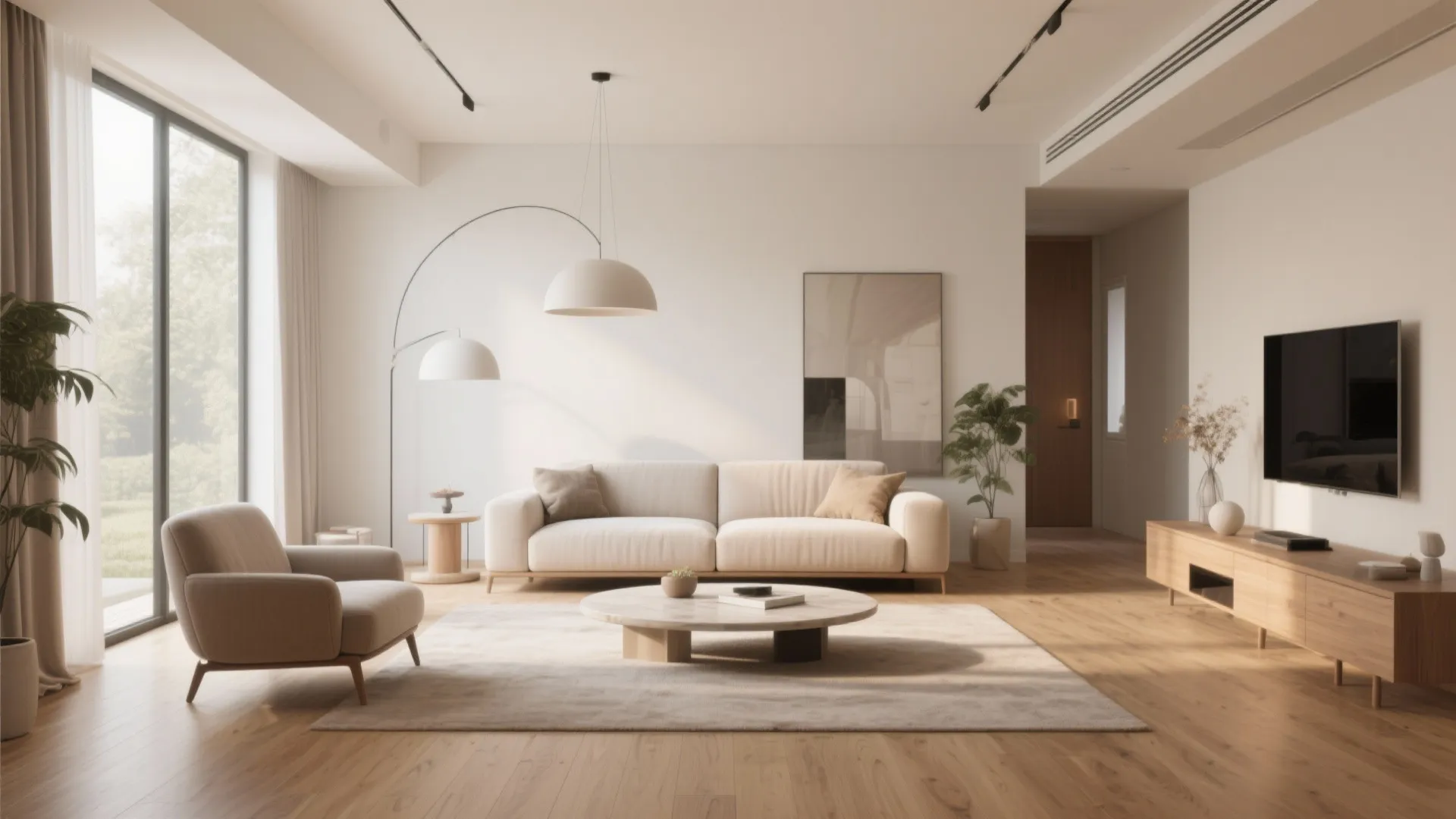 Bright minimalist living room with cream sofa wood cabinet floor lamp and large glass windows