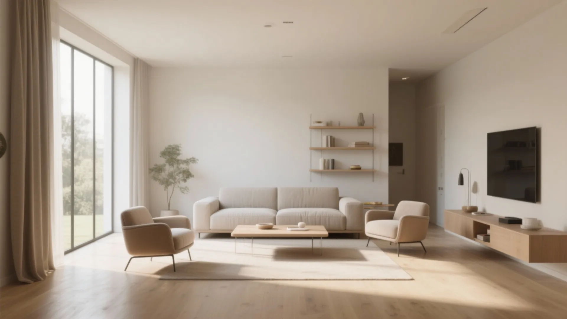 Minimalist living room with beige sofa two chairs wooden coffee table and a large glass window