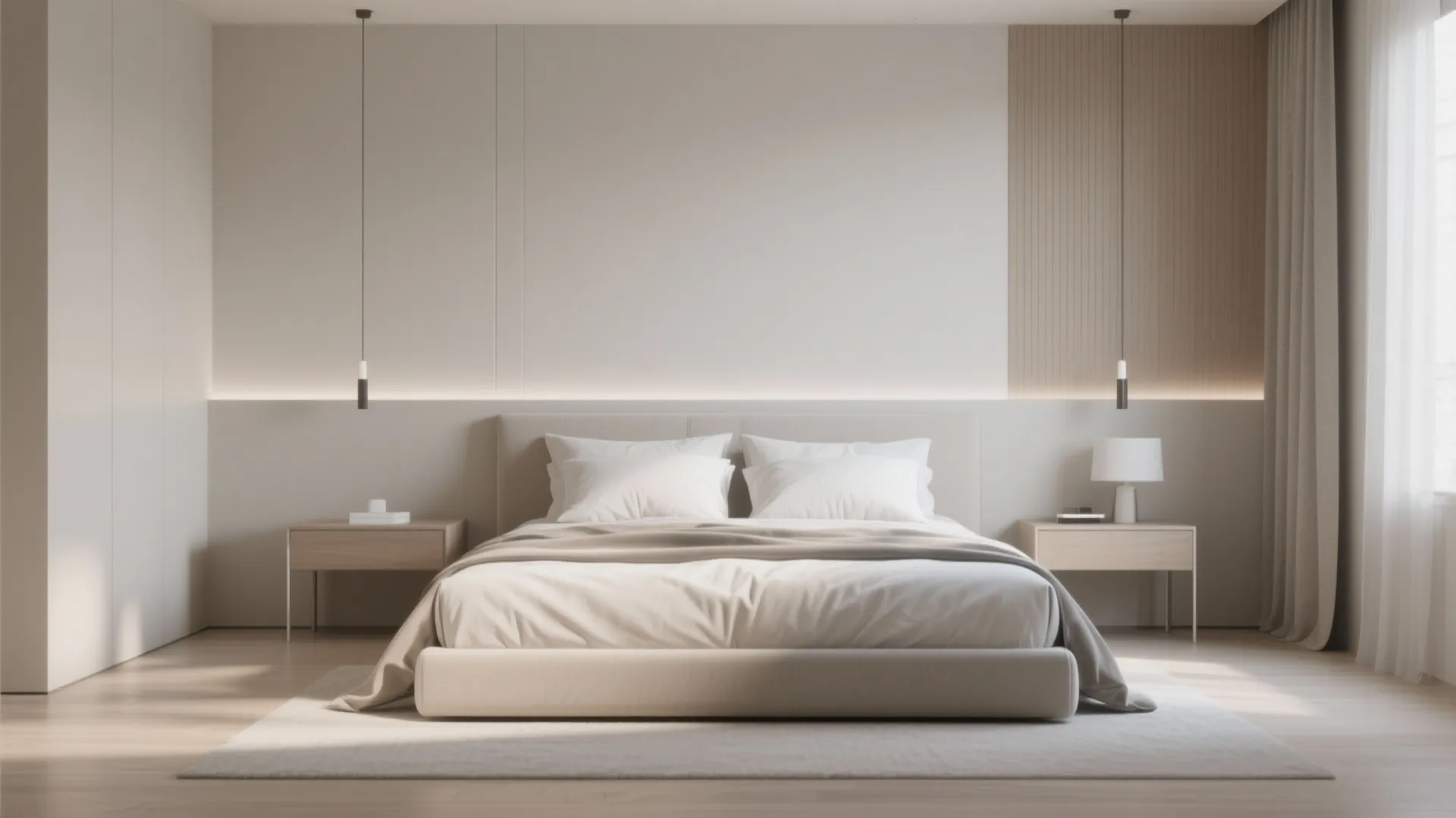 Symmetrical bedroom design with neutral bed two wooden cabinets hanging light fixtures and wall panel