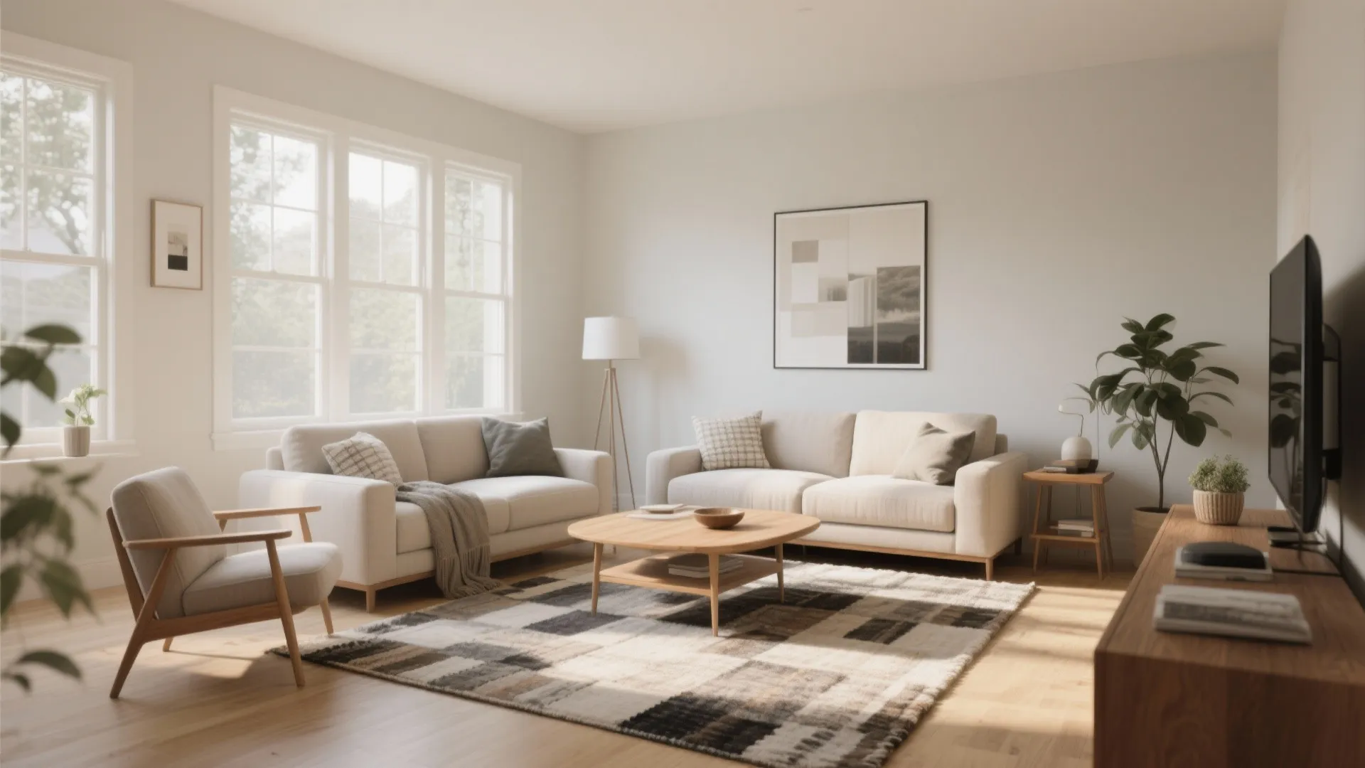 Bright living room with white sofas round wooden coffee table green plants and large sunny windows