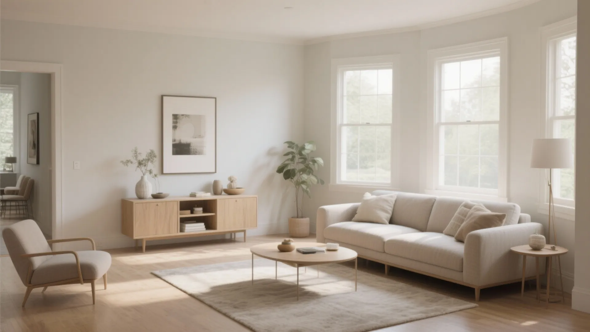 Minimalist living room with beige sofa coffee table wooden cabinet indoor plant and large bright windows