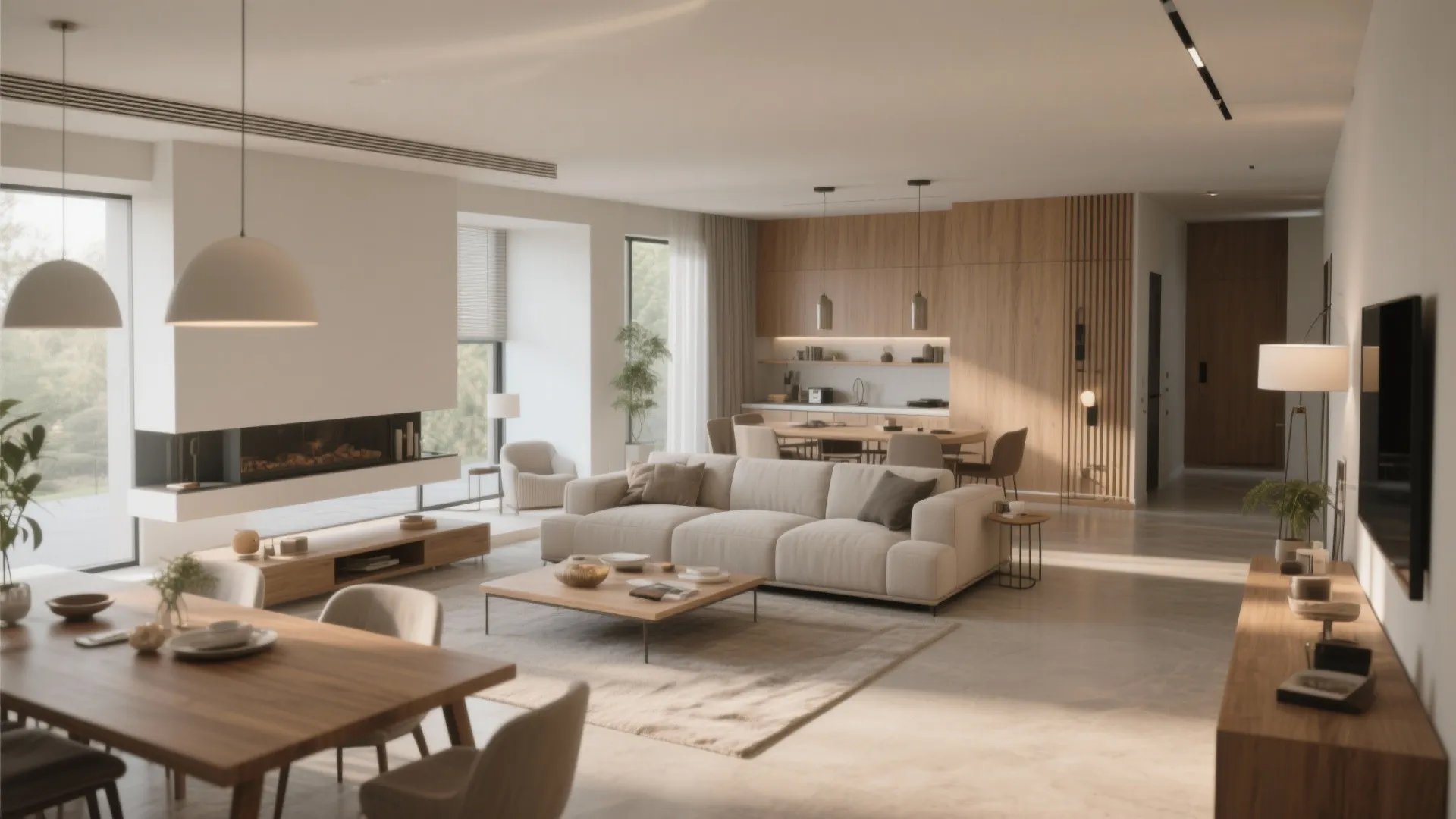 Modern open living room featuring cream sofa wooden coffee table fireplace dining area and natural light