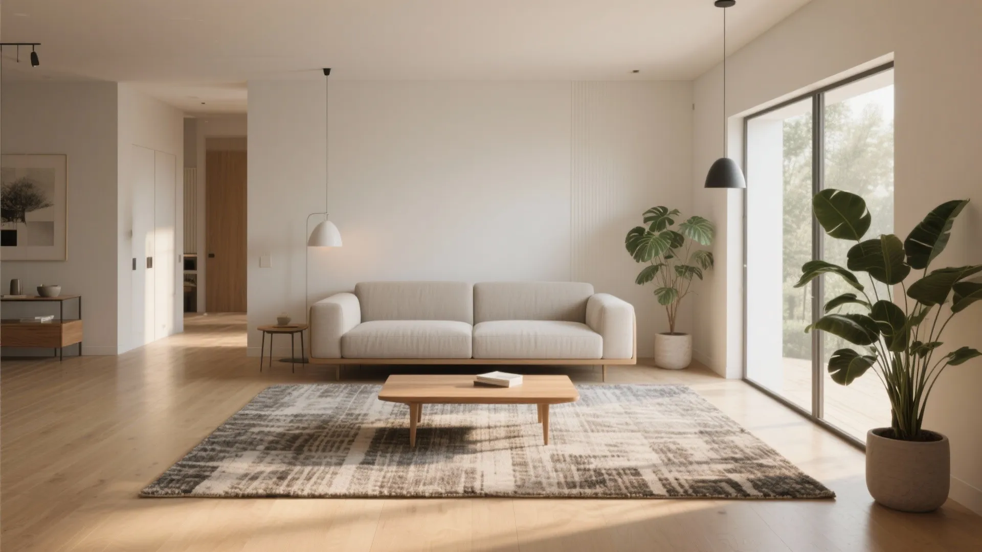 Modern minimalist living room with beige sofa wooden coffee table patterned rug and green indoor plants