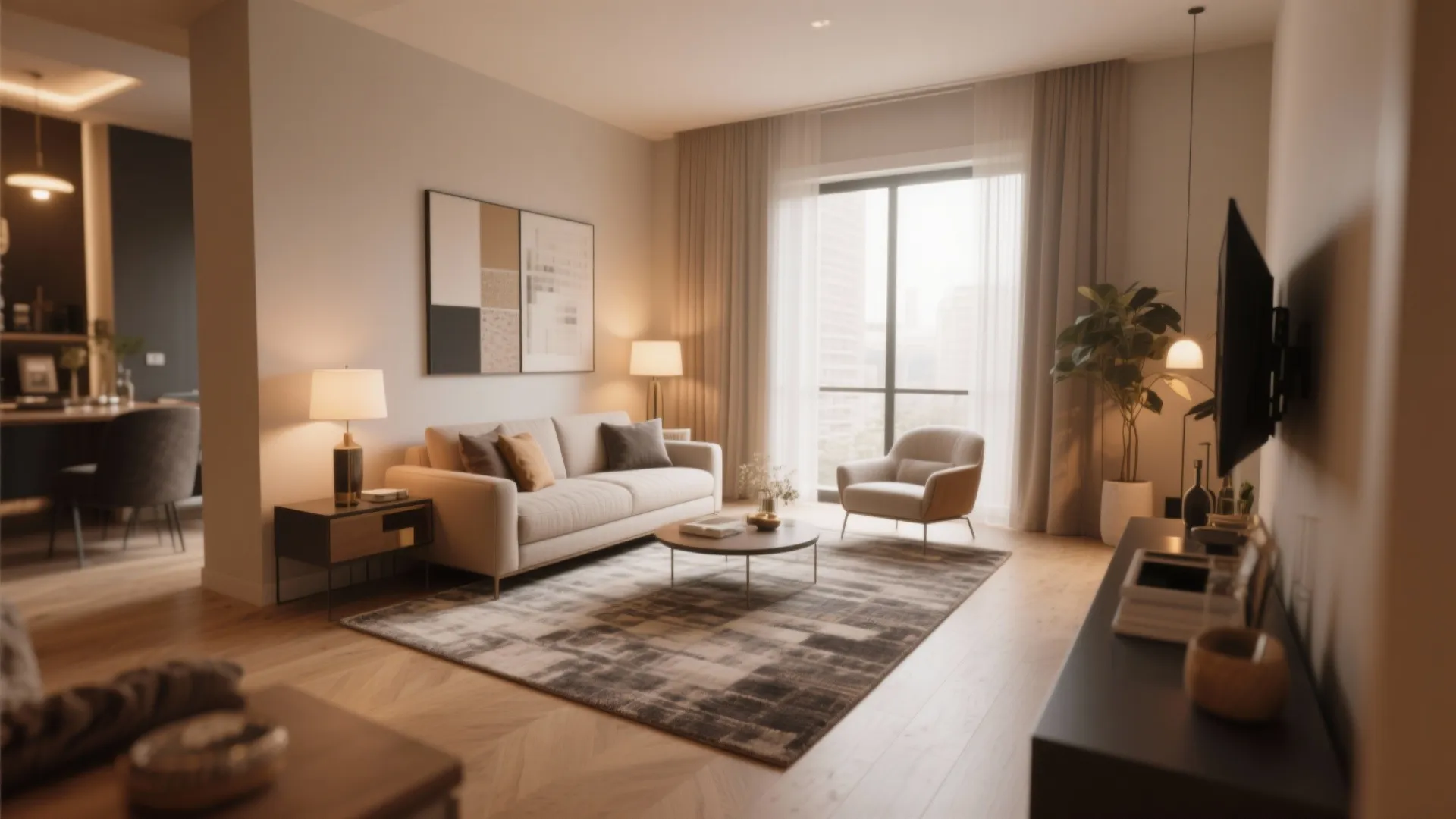 Warm living room interior with beige sofa coffee table patterned rug floor lamp and green plant
