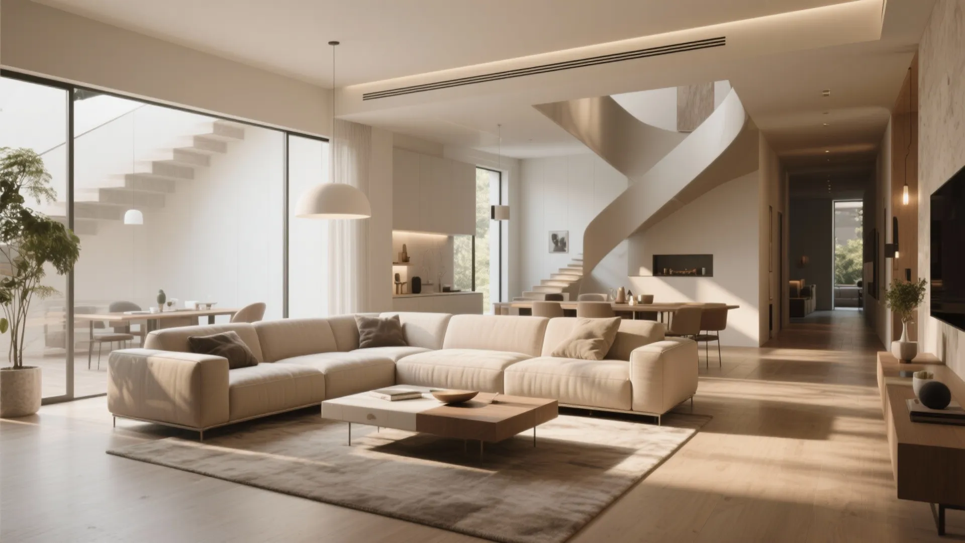 Modern open living room with cream sofa wood coffee table rug spiral staircase and natural light