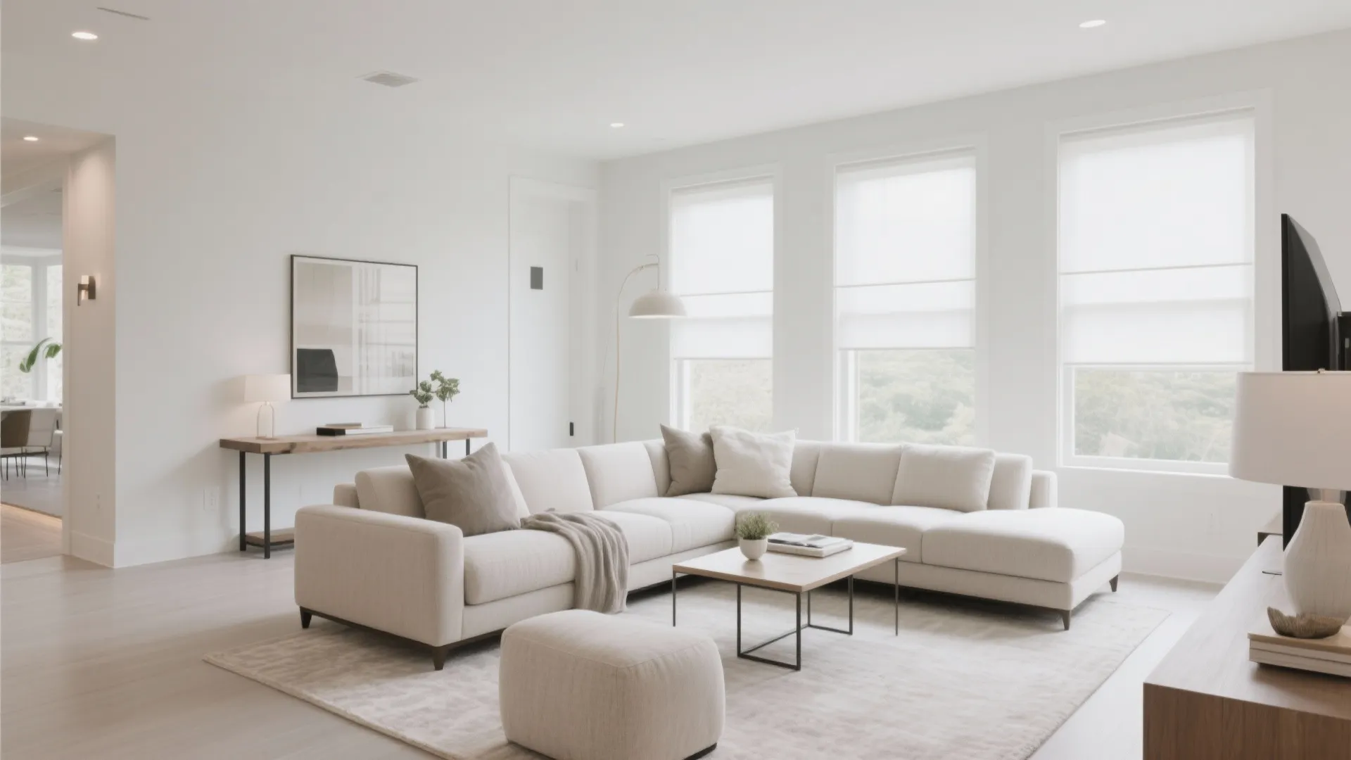 Modern living room with large beige sofa wooden coffee table soft rug and bright windows