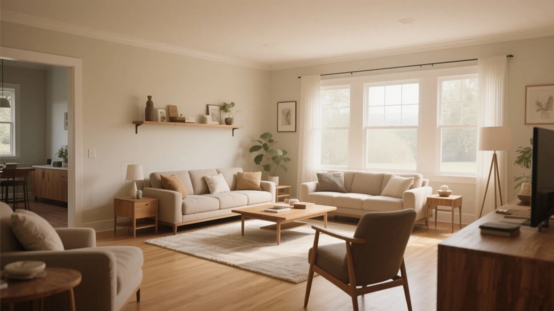 Bright living room with two beige sofas wooden coffee table large windows white curtains greenery