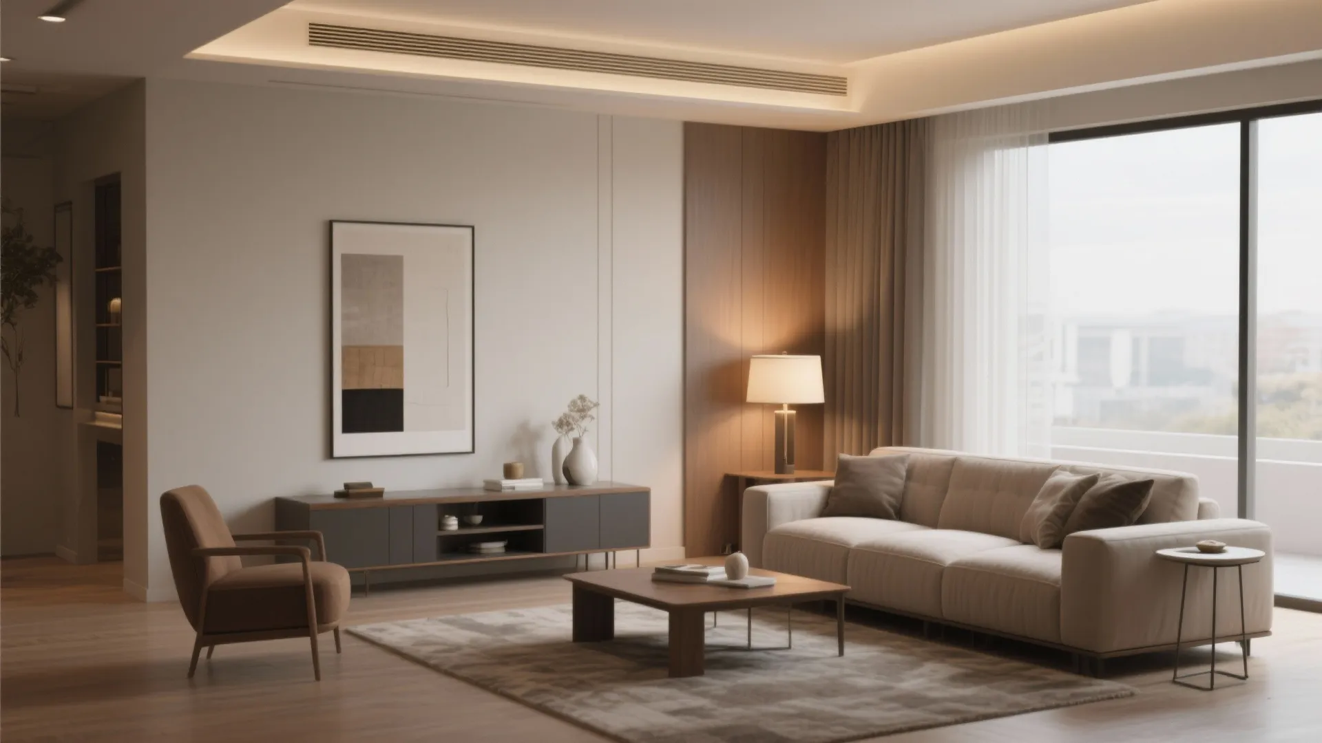 Modern living room with beige sofa brown armchair wood coffee table table lamp and large window