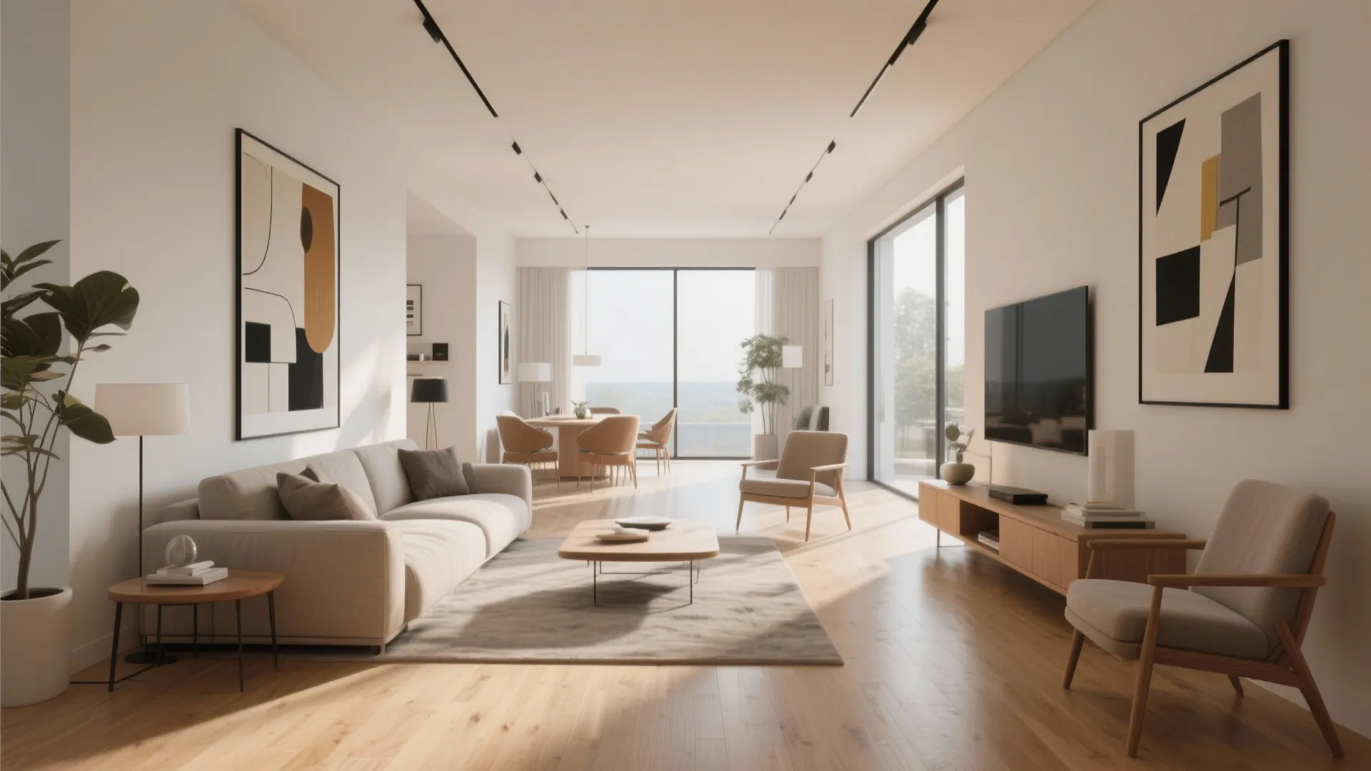 Modern bright living room with beige sofa wooden coffee table large windows and natural sunlight