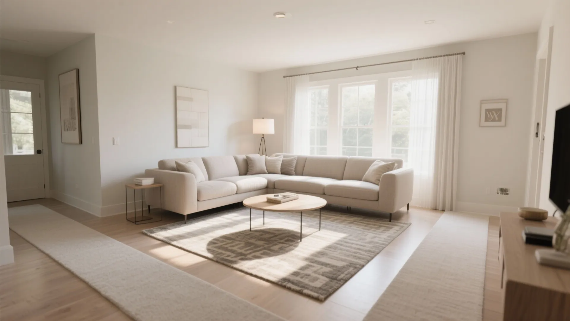 Bright living room with large beige sofa round wood coffee table patterned rug and natural light