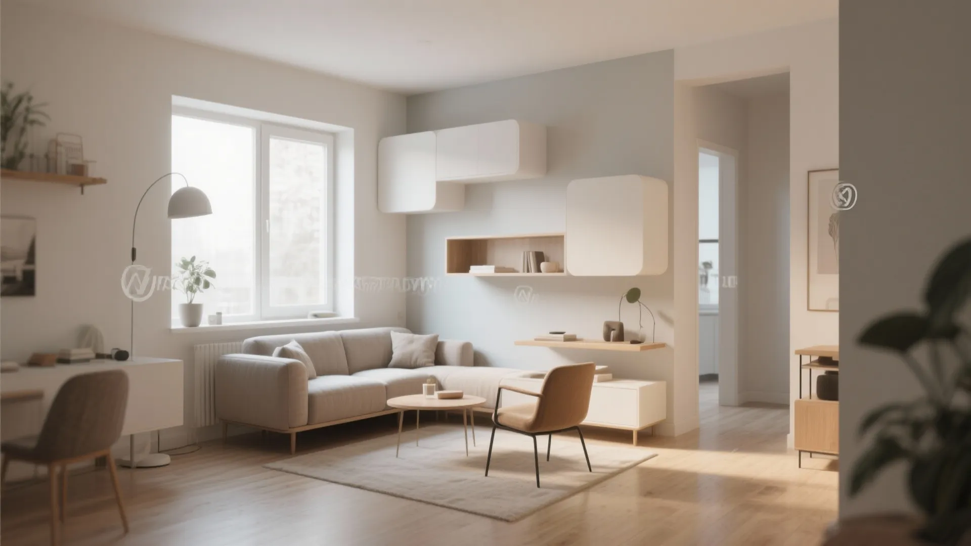 Minimalist living room with grey sofa wooden coffee table white wall cabinets and bright window light