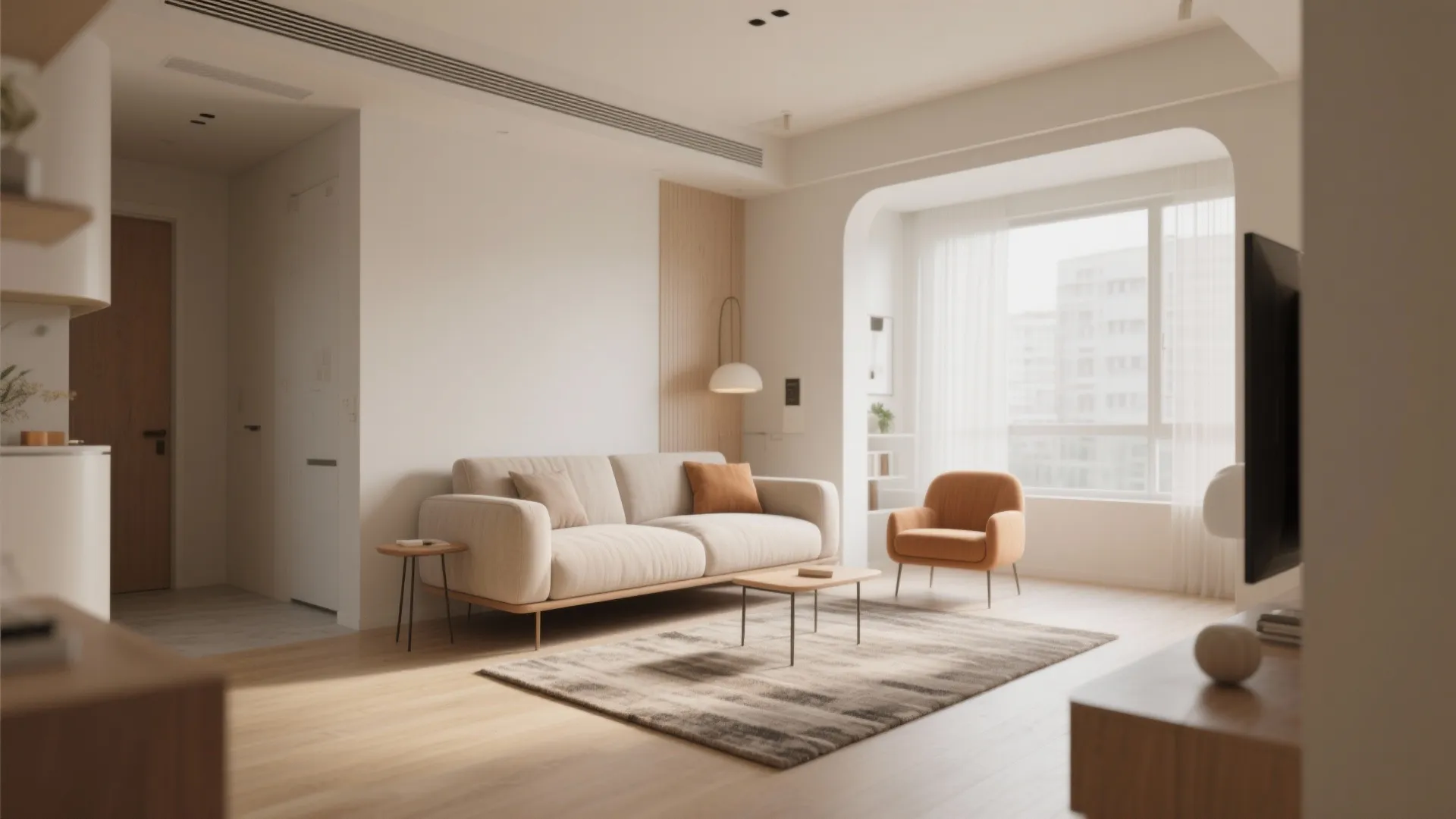 Modern living room featuring cream sofa wooden coffee table orange armchair rug and large bright windows