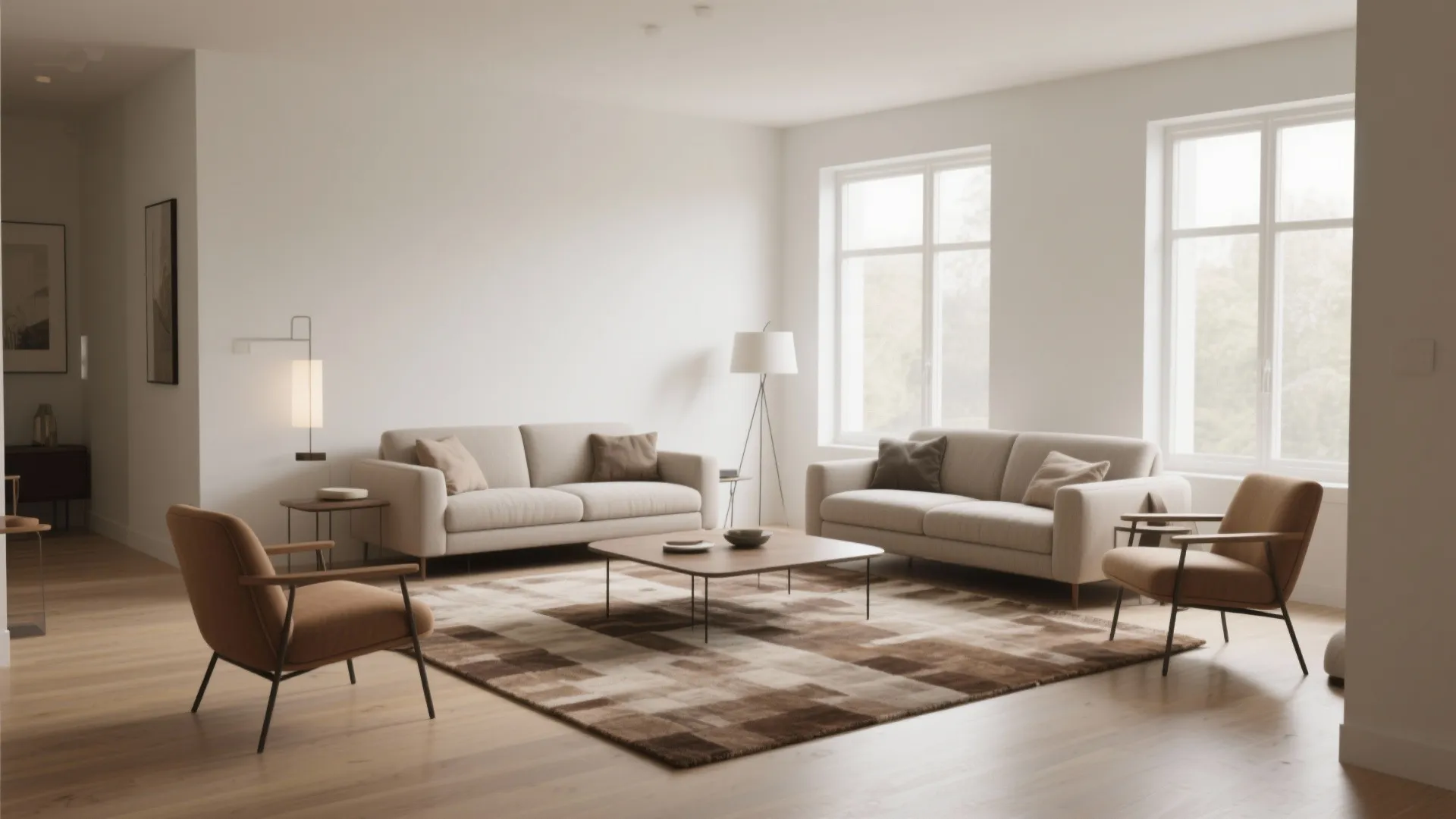 Spacious living room featuring two beige sofas brown armchairs patterned rug and large bright windows
