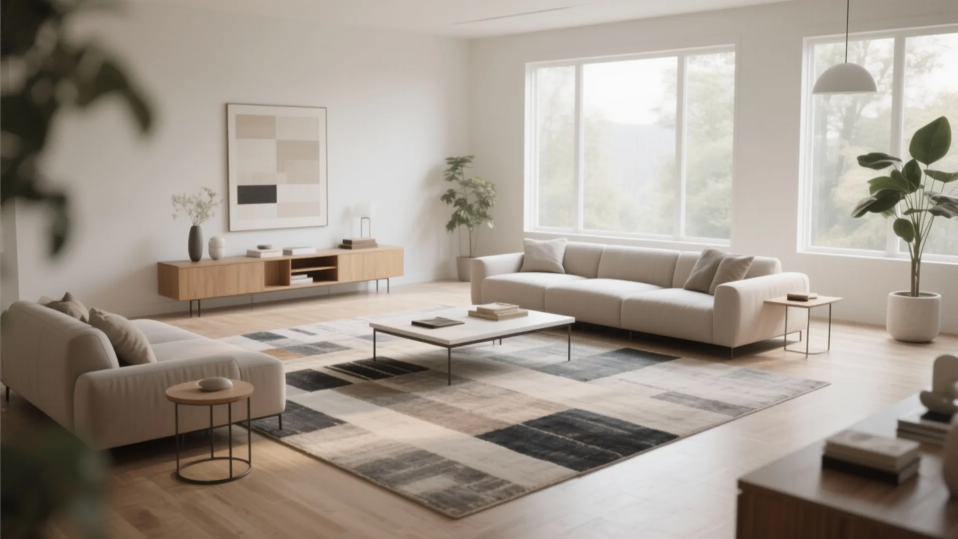 Minimalist living room featuring cream sofa geometric rug wooden cabinet large window and green plant