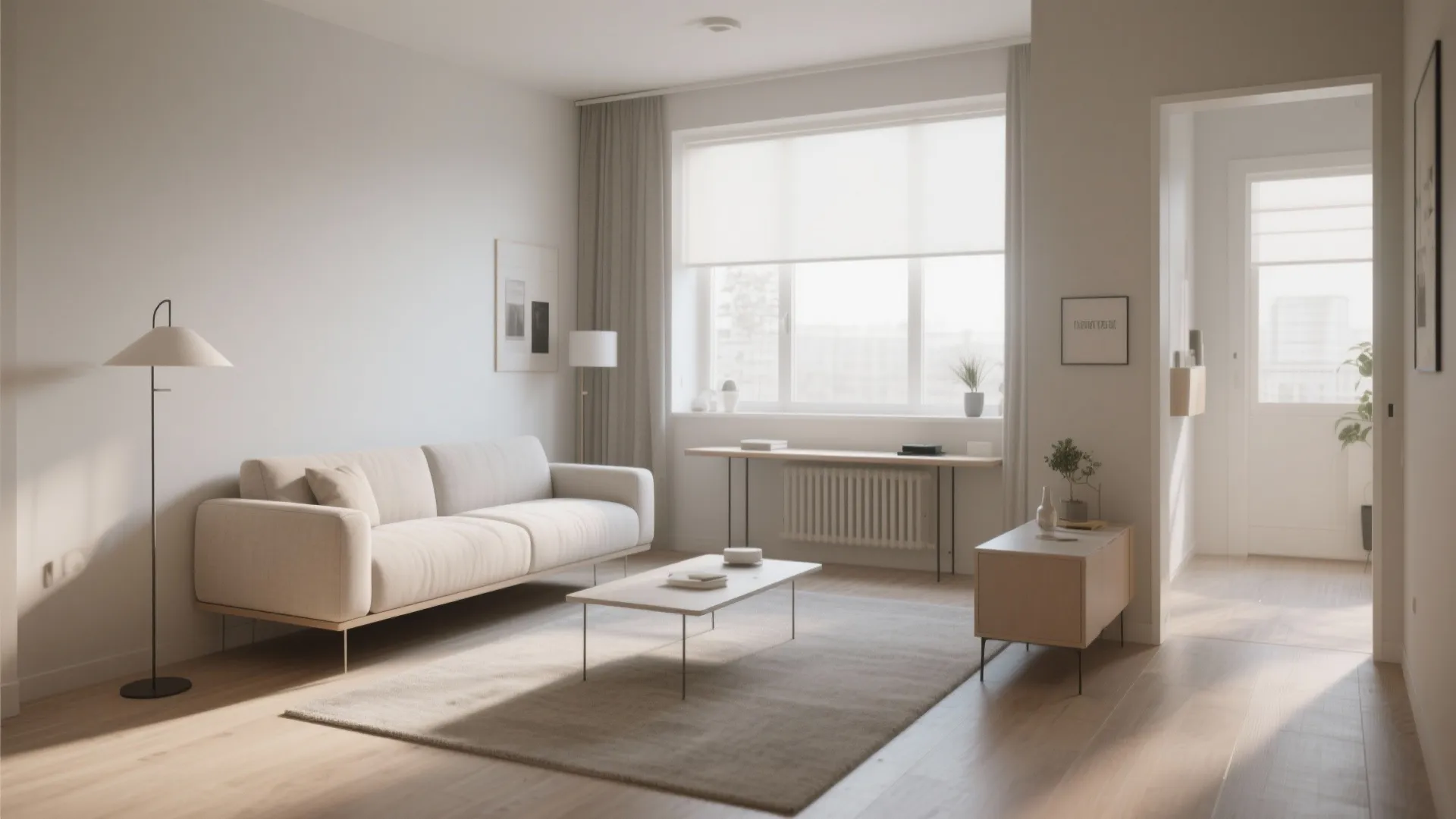 Minimalist living room with a white sofa floor lamp and thin wooden table near window