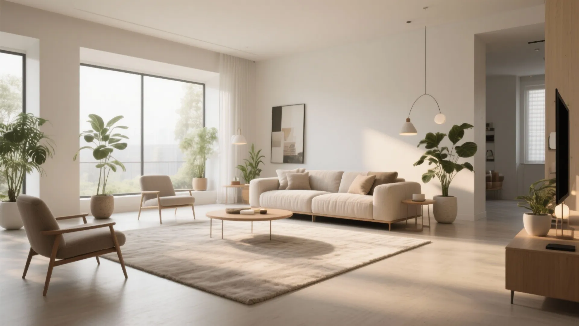 Minimalist living room with beige sofa green plants wooden coffee table and bright natural sunlight