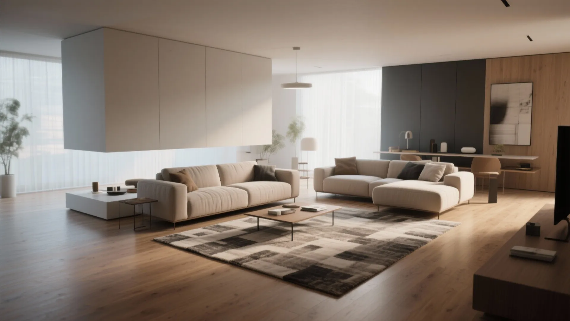 Modern living room with floating white cabinet beige sofas checkered rug wooden floor and sunlight