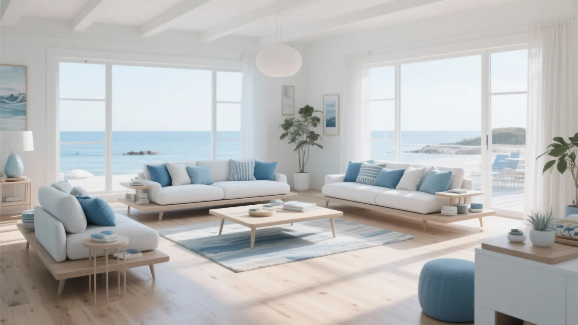 Bright coastal living room with white sofas blue pillows wooden table and windows facing ocean
