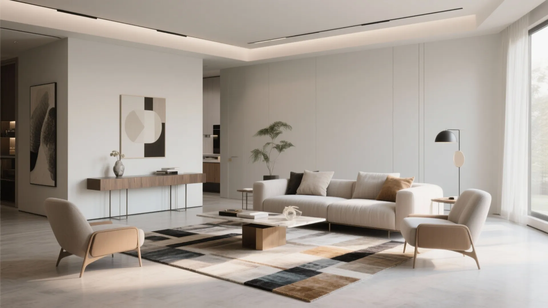 Modern living room with white sofa plus two chairs and black and brown square rug