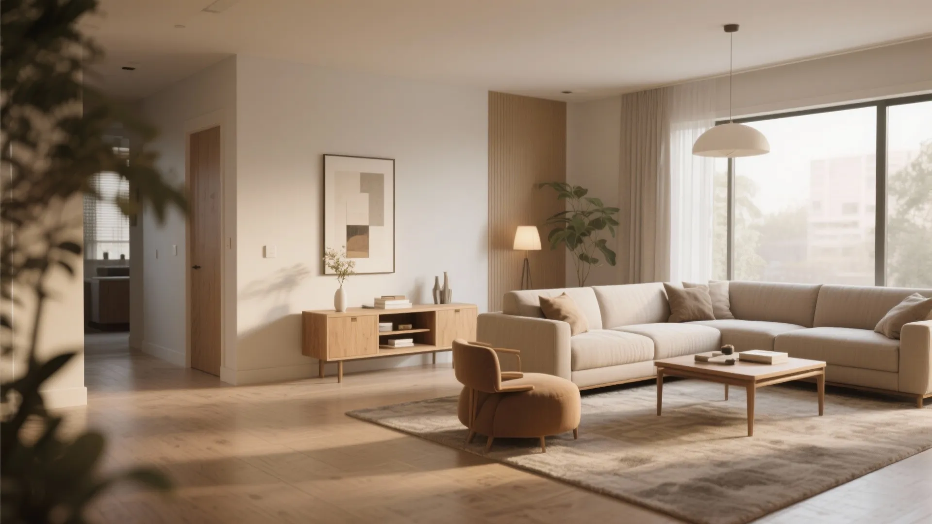 Modern minimal living room with beige sofa wood cabinet round chair wall art and natural light
