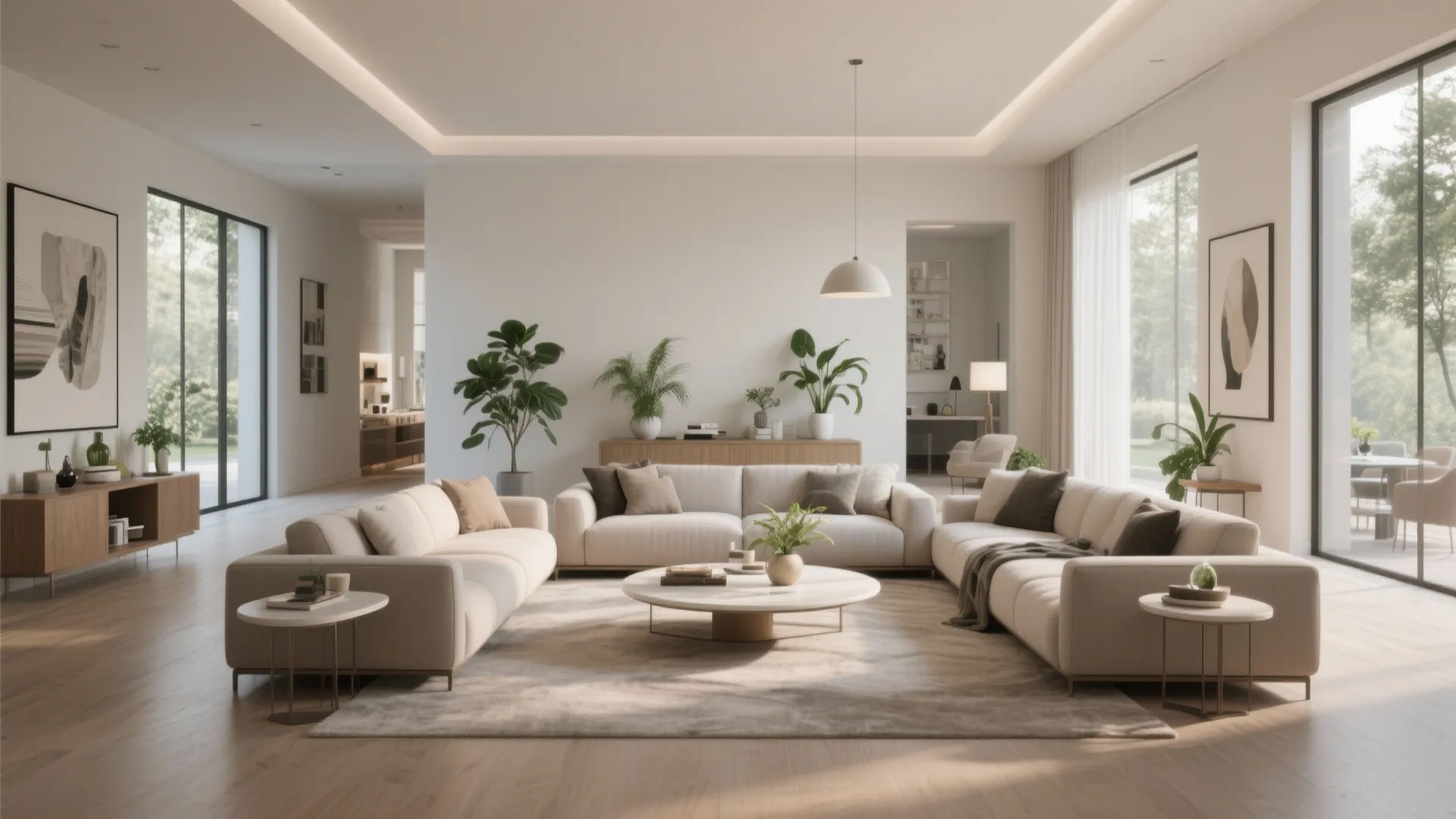 Modern bright living room with large white sofa round coffee table green plants and wooden cabinets