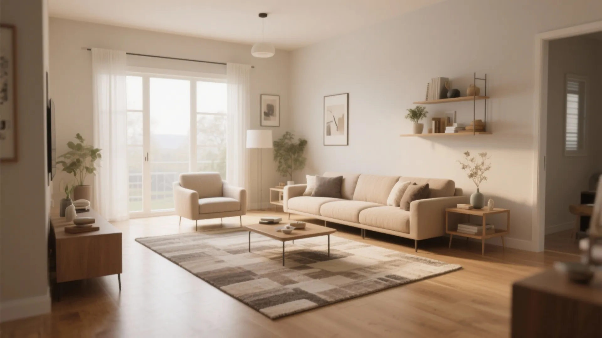 Minimalist living room with neutral sofa floor lamp coffee table pattern rug and white wall shelves