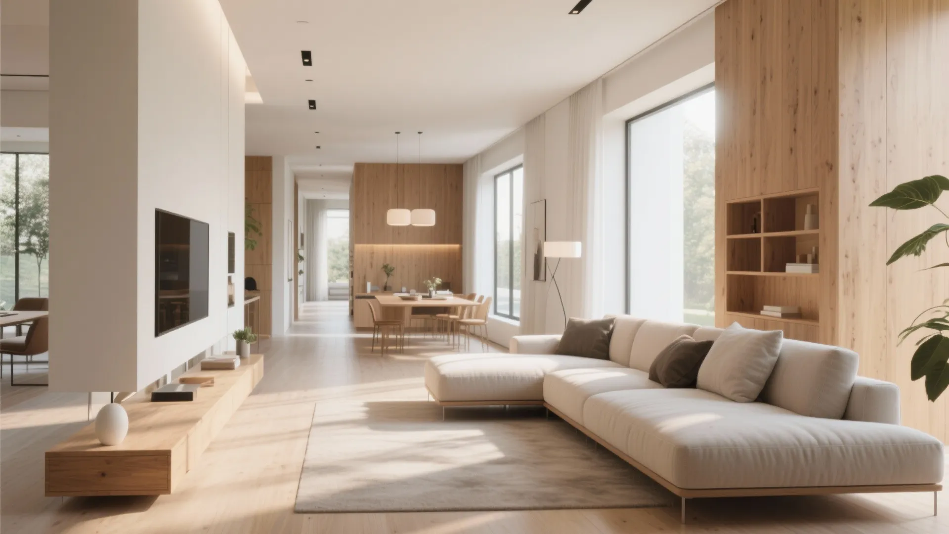 Bright open plan living room with white sofa wooden wall panels and natural light from windows