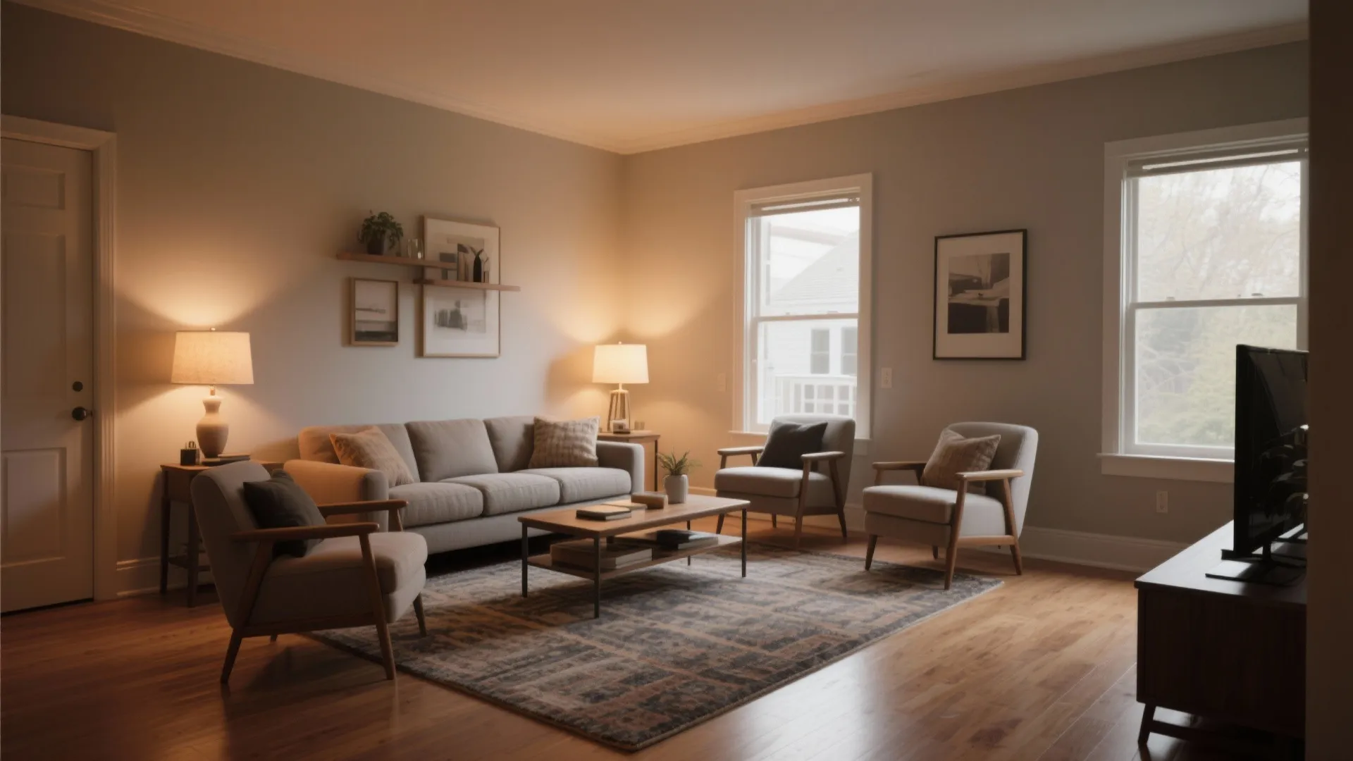Warm living room with grey sofa wooden coffee table patterned rug armchairs and soft light