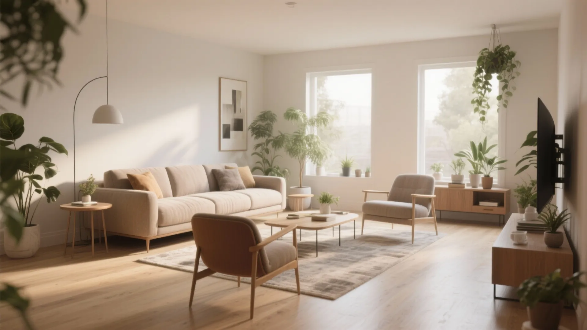 Bright living room with beige sofa wooden coffee table green plants and warm natural sun light