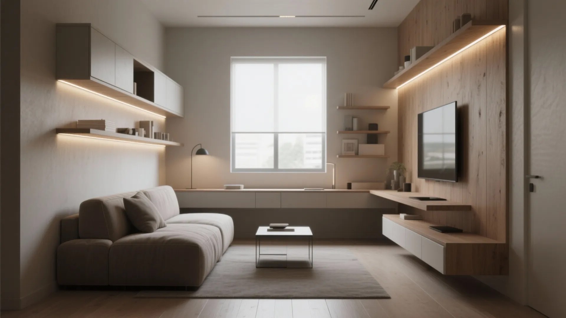 Modern living room with beige sofa wood wall panel television cabinet and warm light fixture