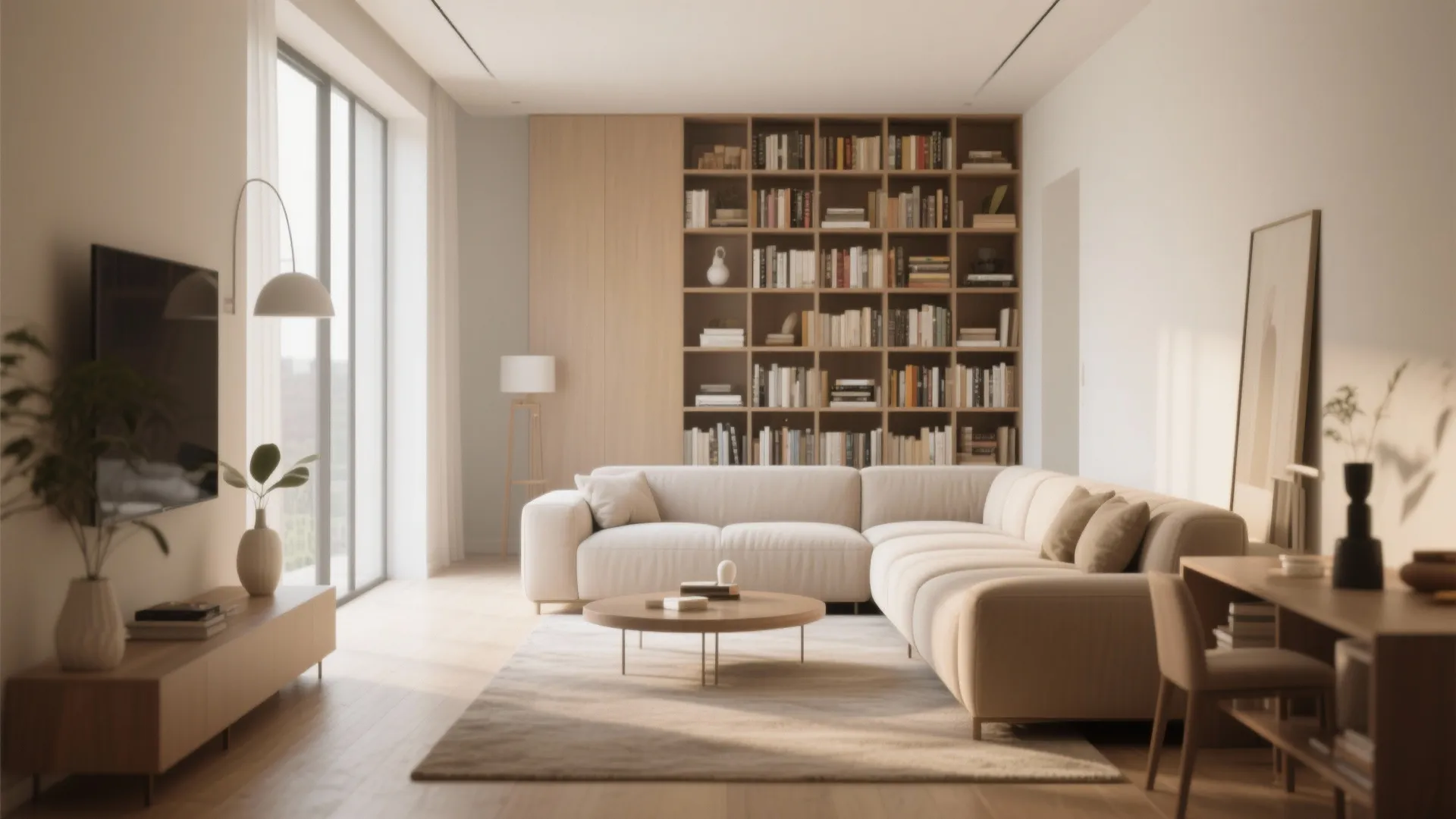 Modern living room featuring a cream sofa, large bookshelf, round coffee table, and bright sunlight