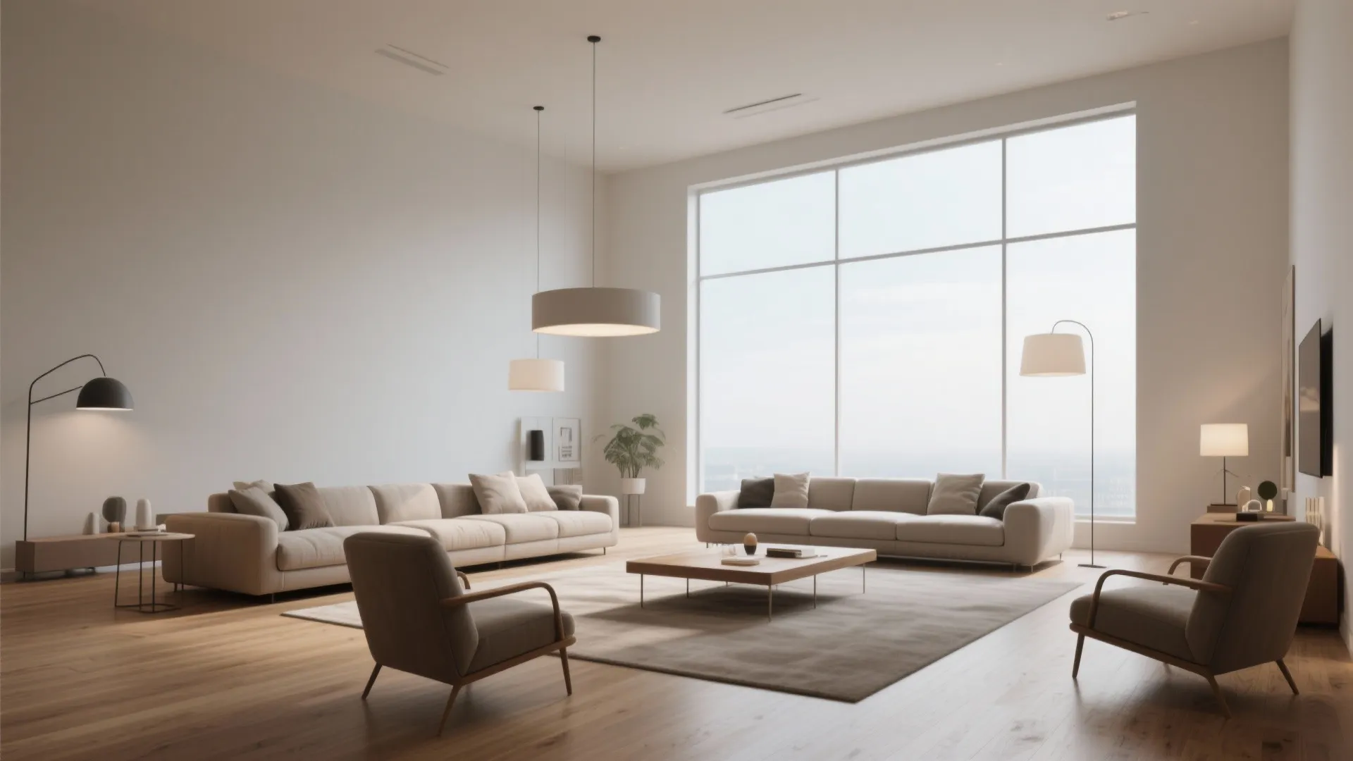 Modern minimal living room with beige sofas wooden coffee table and large windows for light