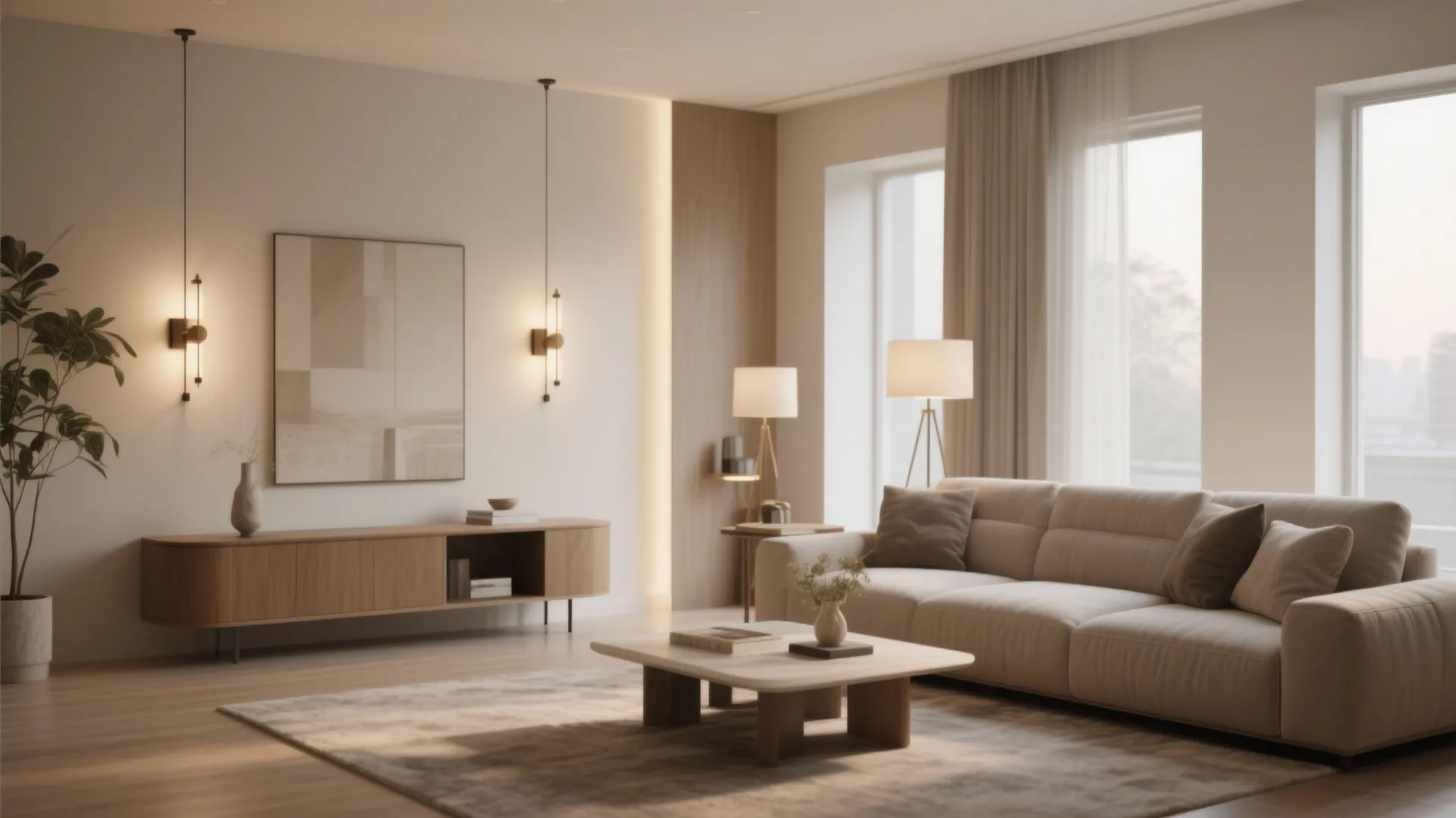Minimalist living room with beige sofa wood cabinet wall lights coffee table and large rug