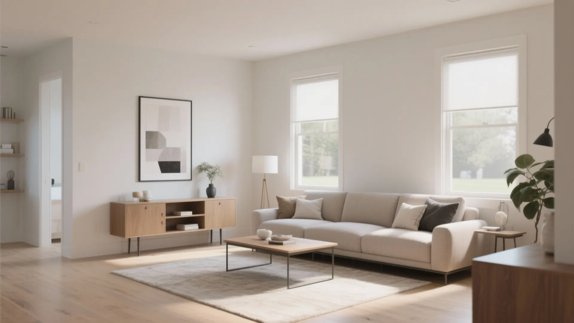 Minimalist living room with beige sofa wooden cabinet coffee table area rug and two large windows