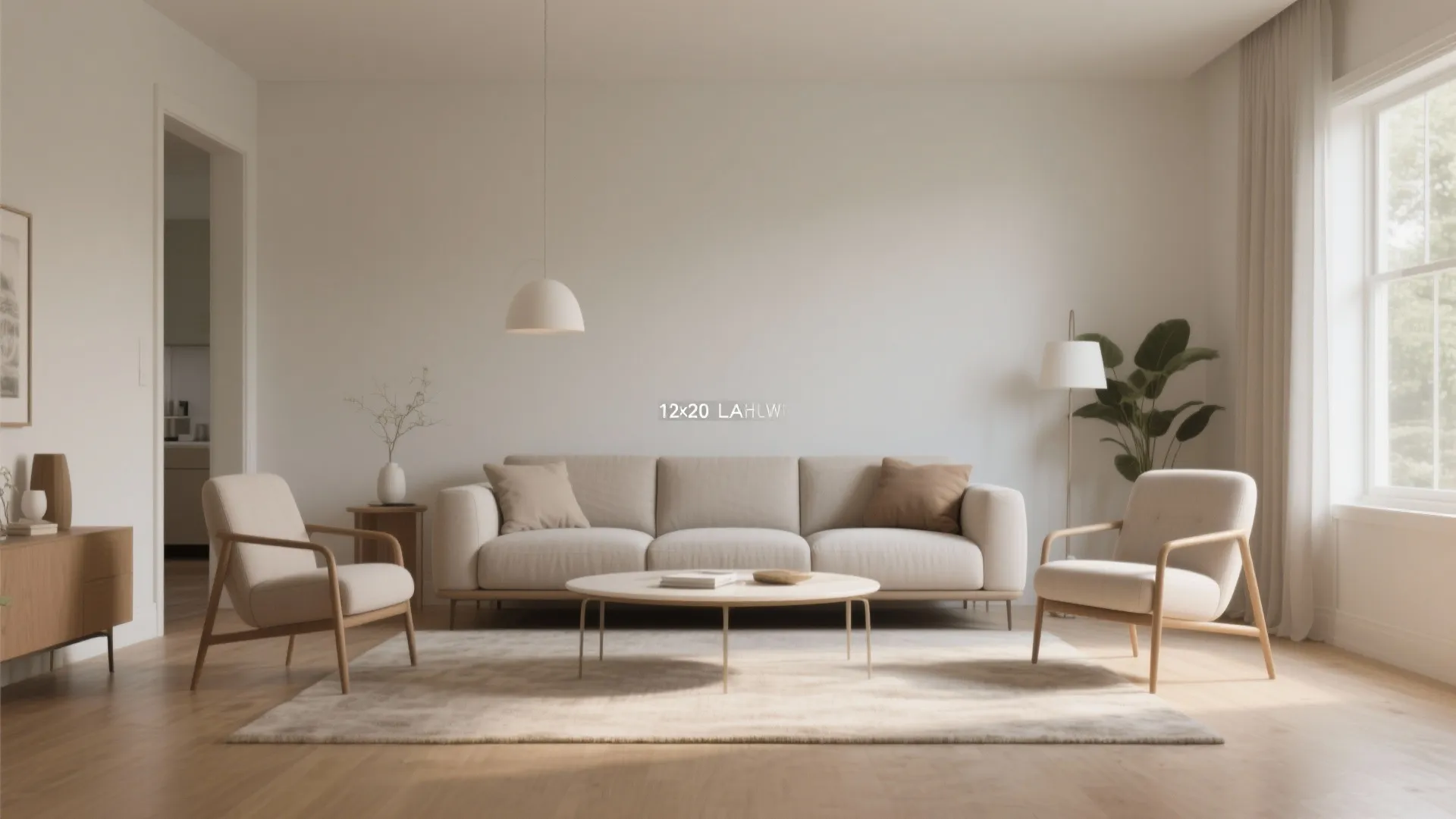 Minimalist living room with cream sofa two wooden armchairs a round coffee table and white light