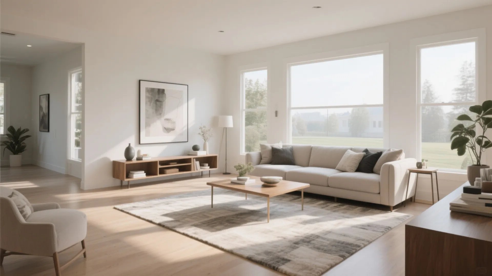 Minimalist living room with white sofa wooden coffee table large rug wall art and natural light