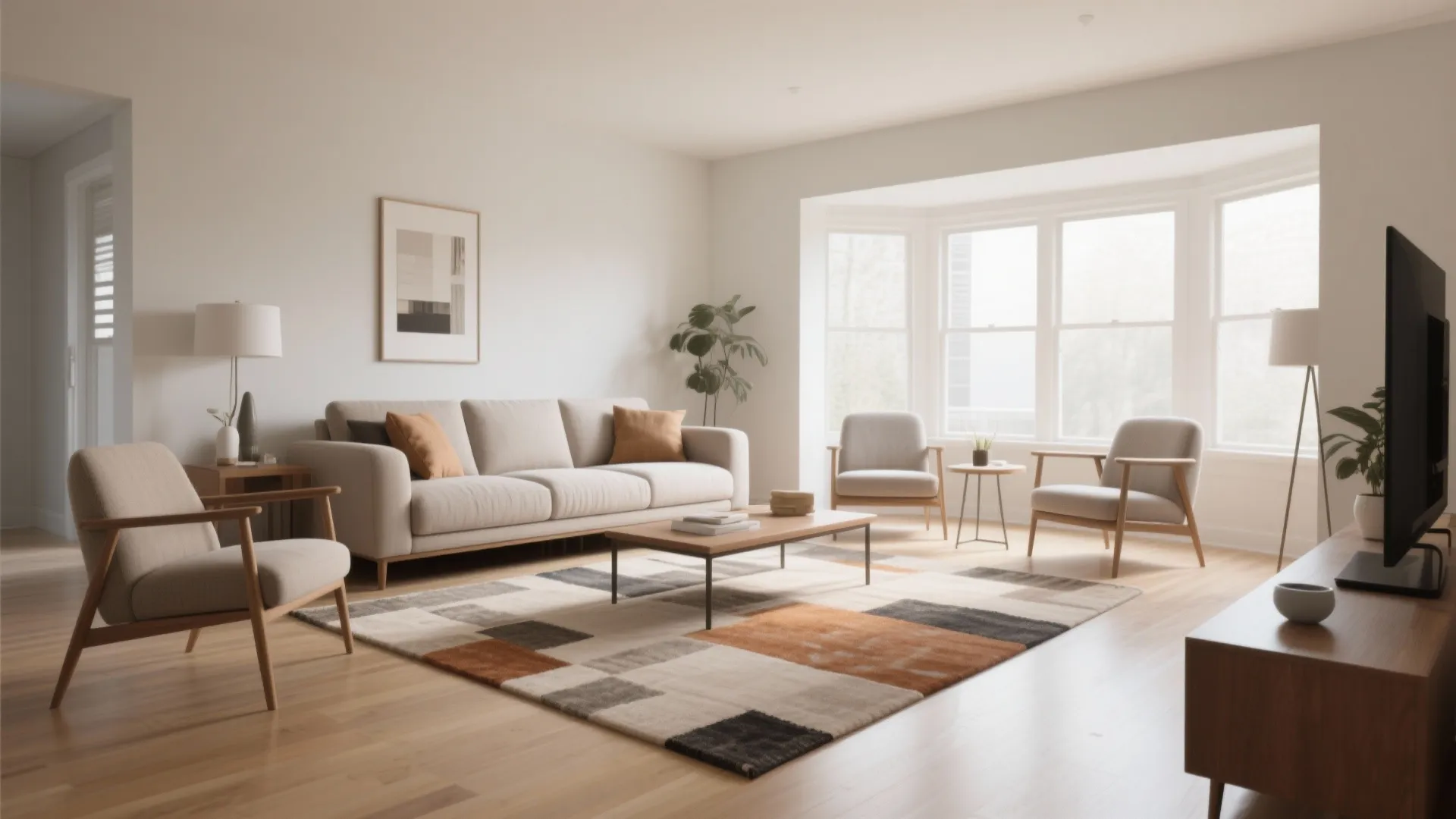 Modern living room with beige sofa wooden coffee table patterned rug large windows and plants