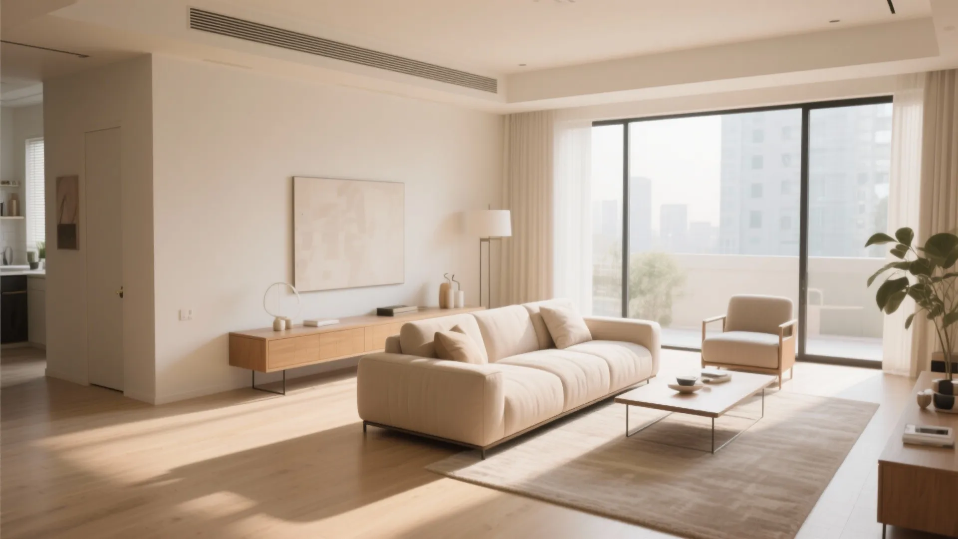 Bright minimalist living room featuring a cream sofa wooden floor and a large glass door