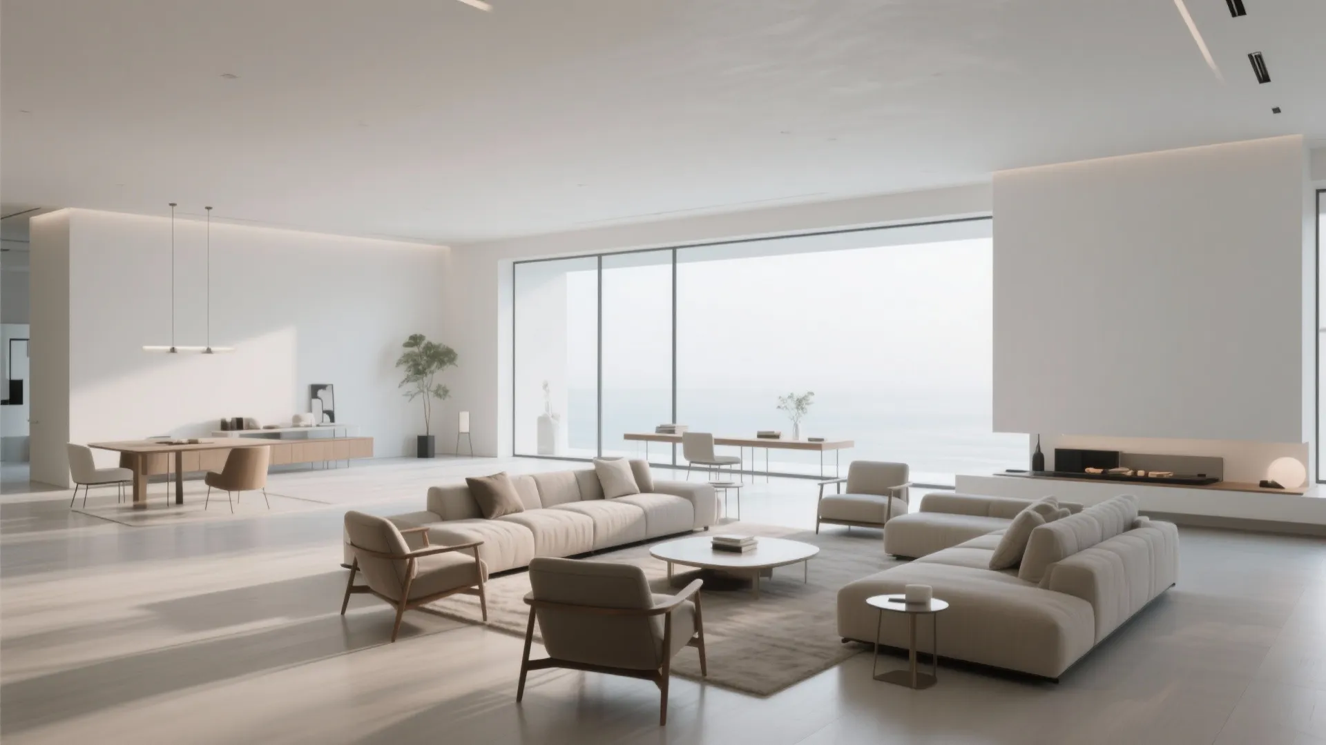 Minimalist modern living room with large windows showing sea view and low beige sofa set