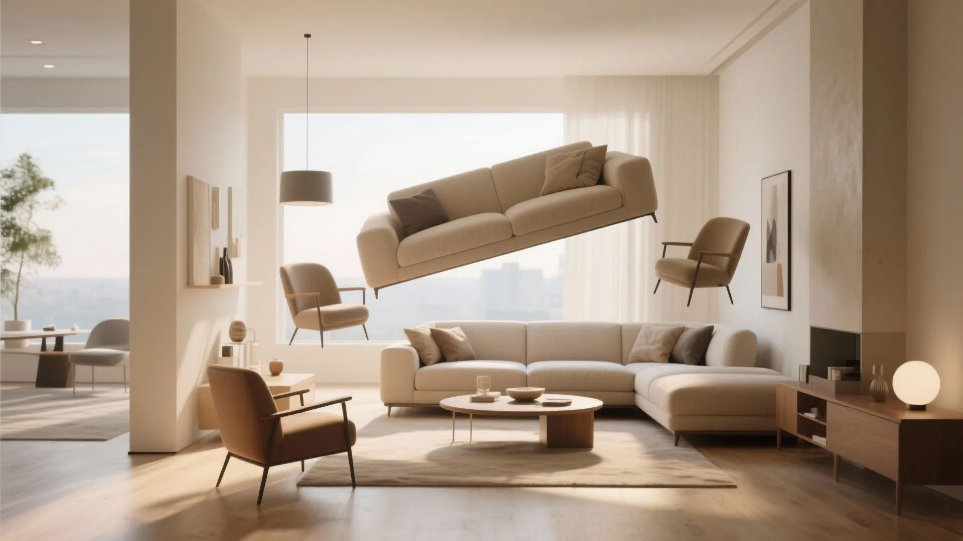 Interior design drawing showing a sofa and chairs floating in the air above a rug