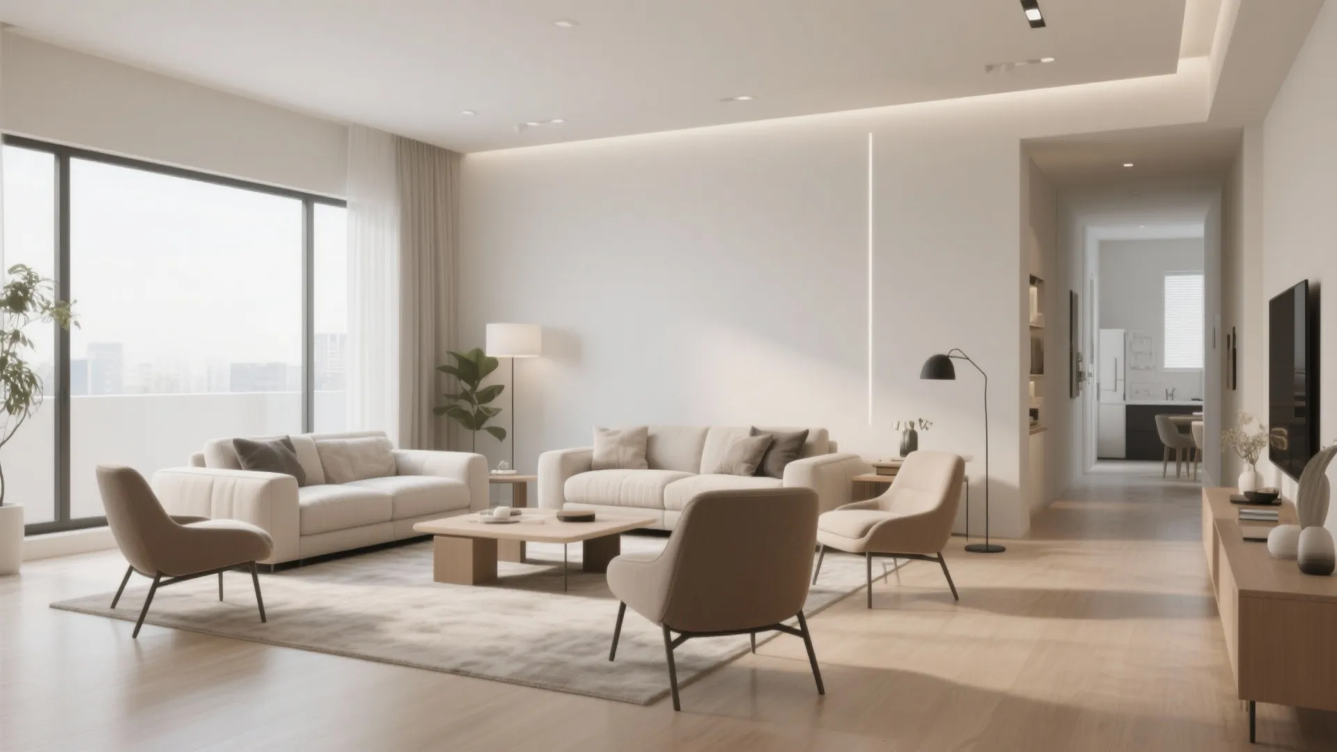 Minimalist living room with beige sofas two chairs wooden floor large window and black floor lamp
