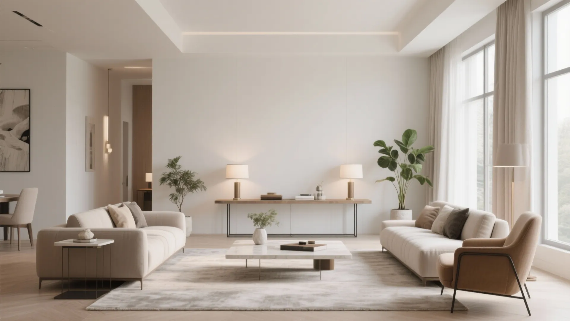 Symmetrical living room design with two sofas facing each other around a white marble coffee table