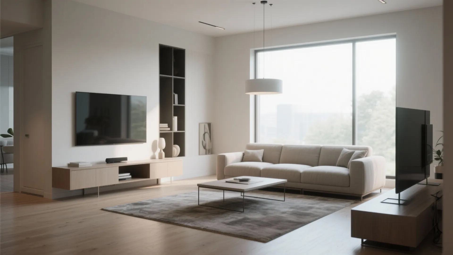 Modern living room with floating wood cabinet wall mounted TV beige sofa and a large window