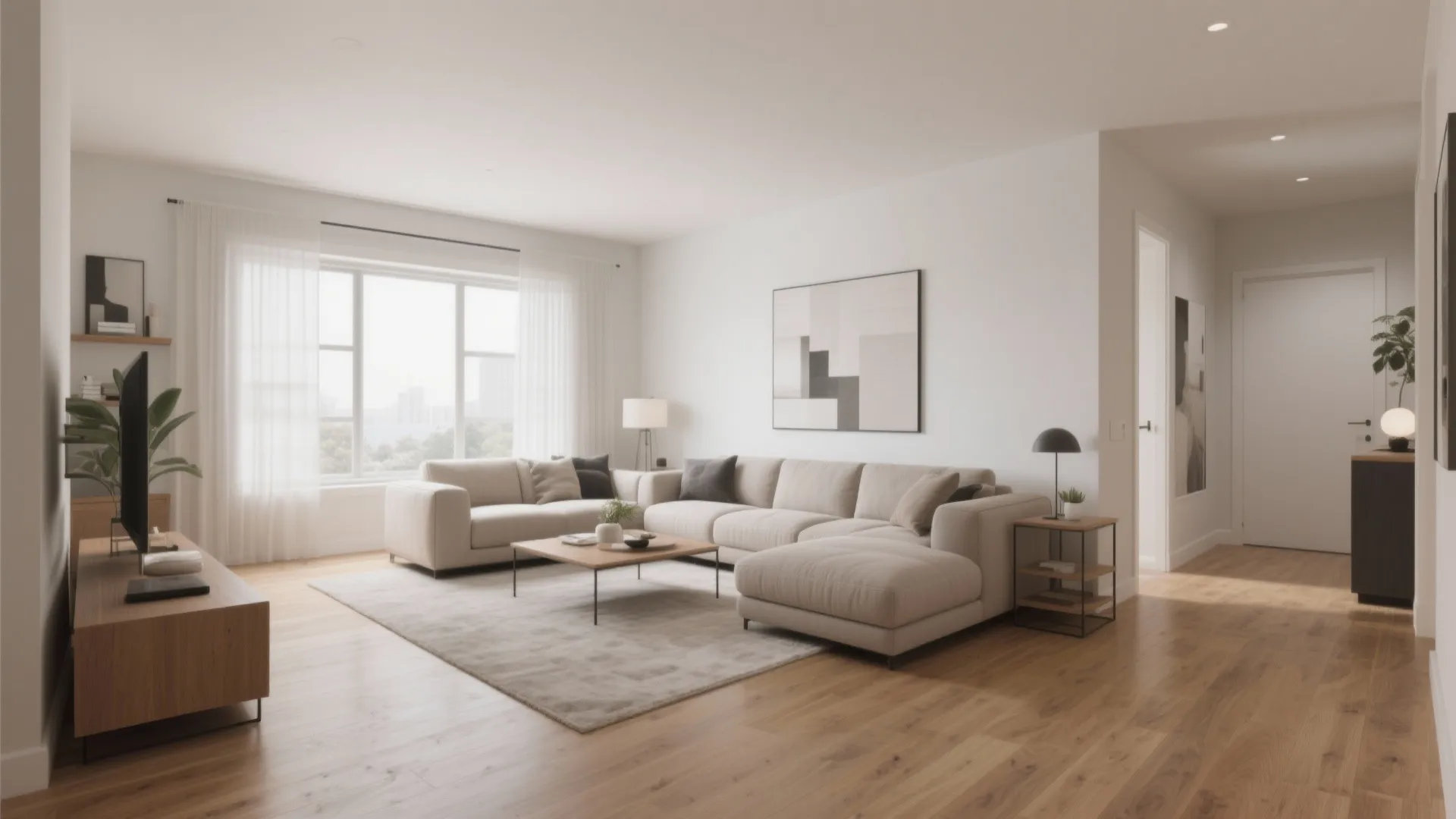 Bright open living room featuring large white sofa wooden floor and a big window view